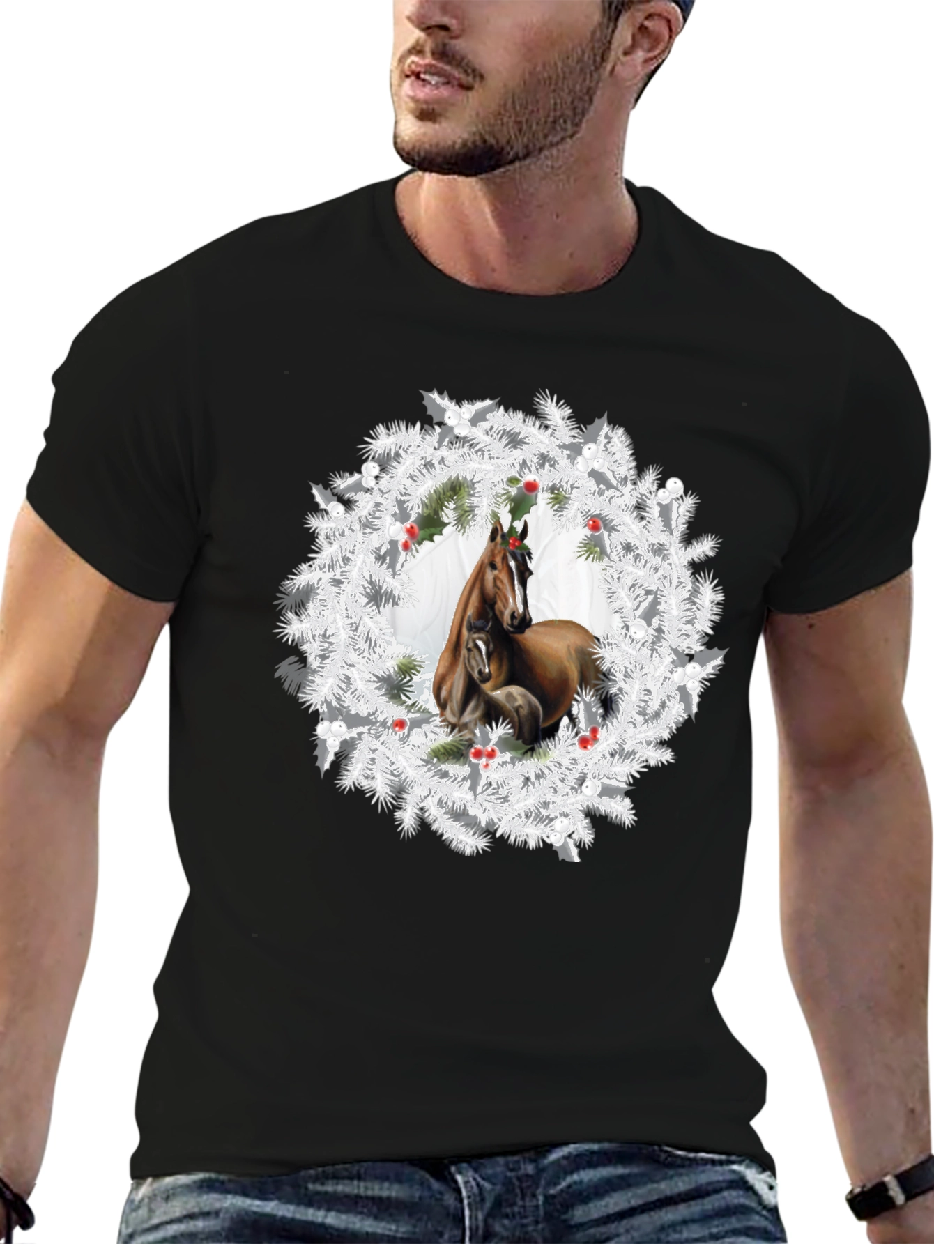 Horse Christmas Wreath T-Shirt - Black