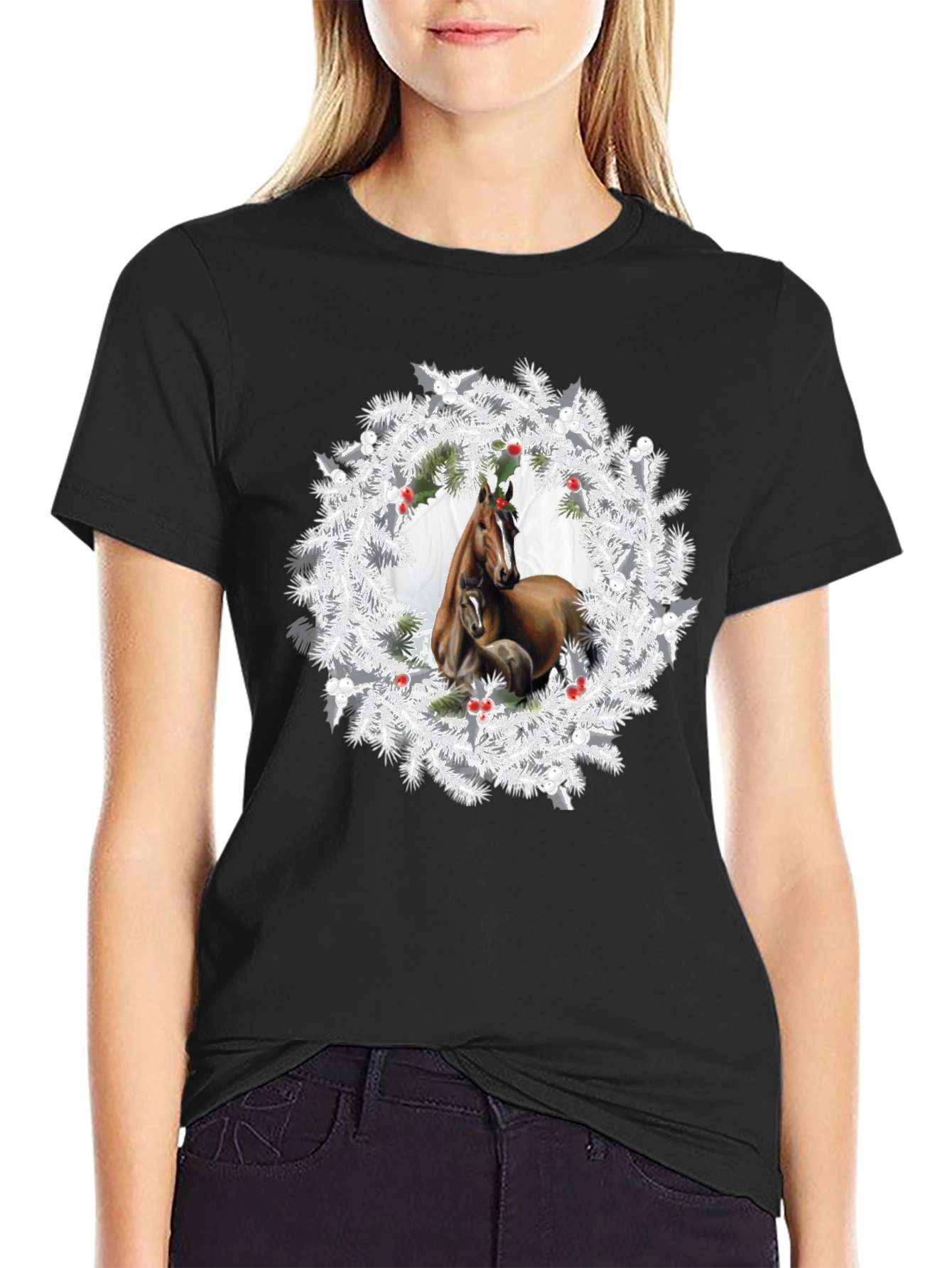 Horse Christmas Wreath T-Shirt - Black
