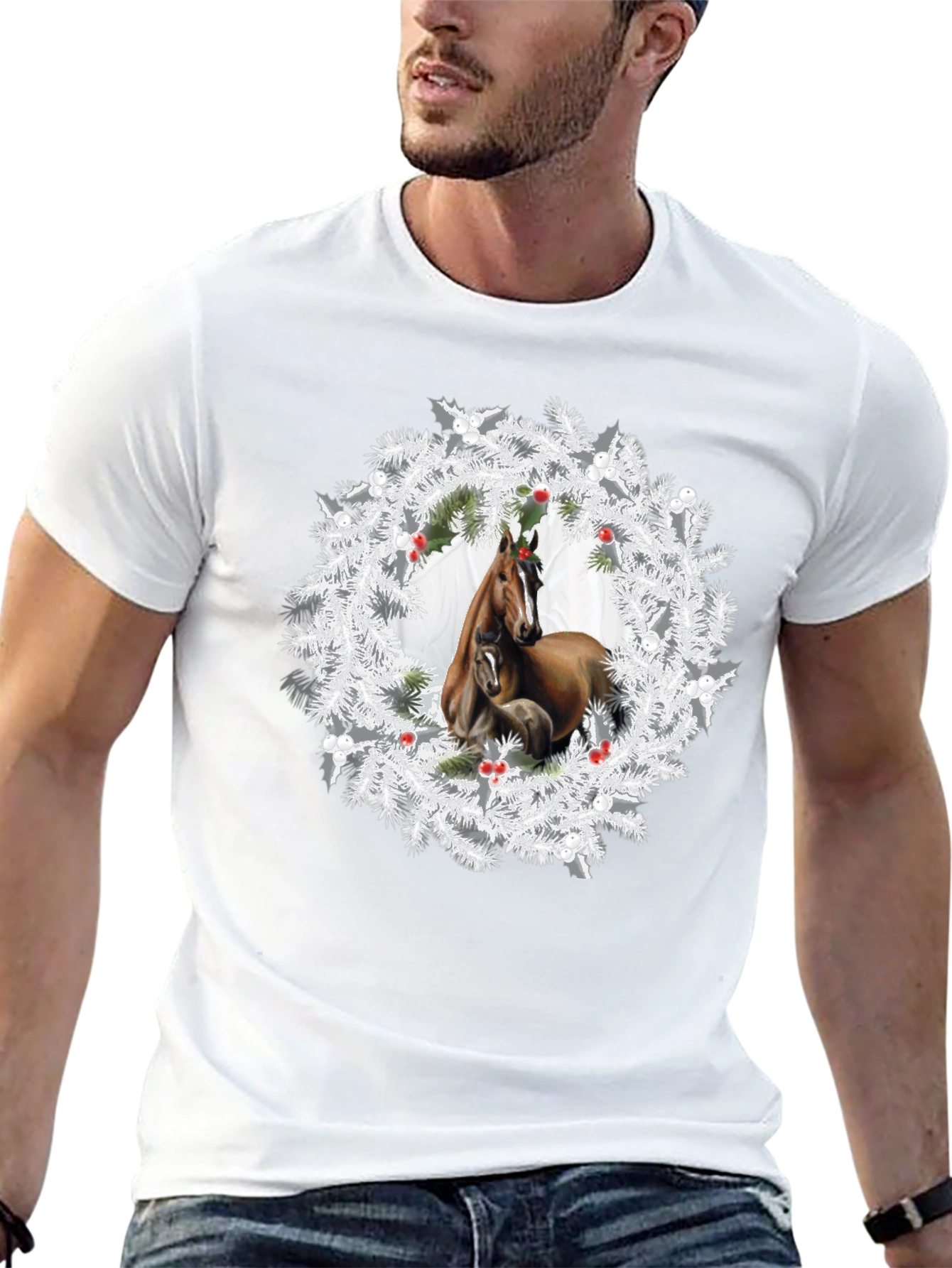 Horse Christmas Wreath T-Shirt - Black