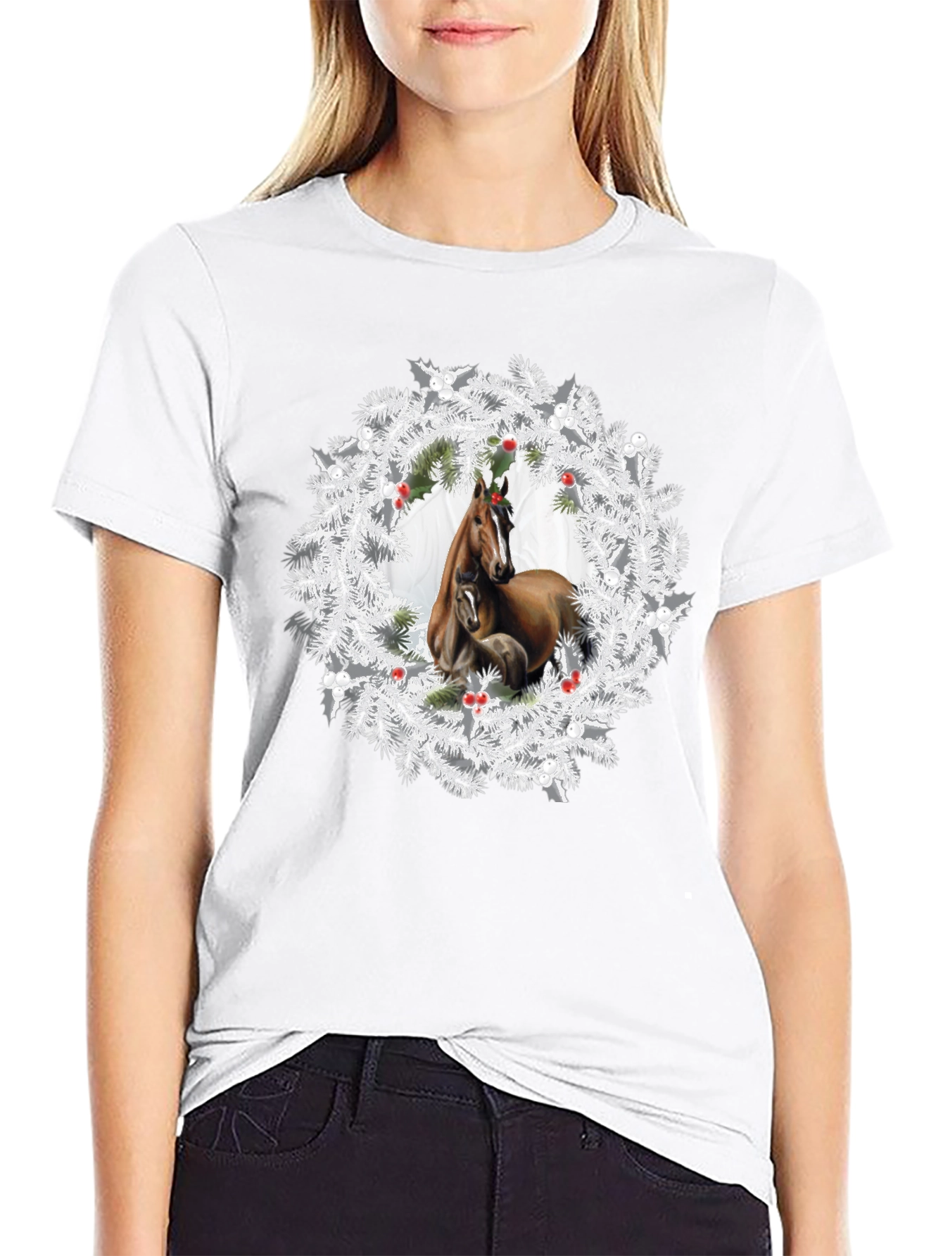 Horse Christmas Wreath T-Shirt - Black