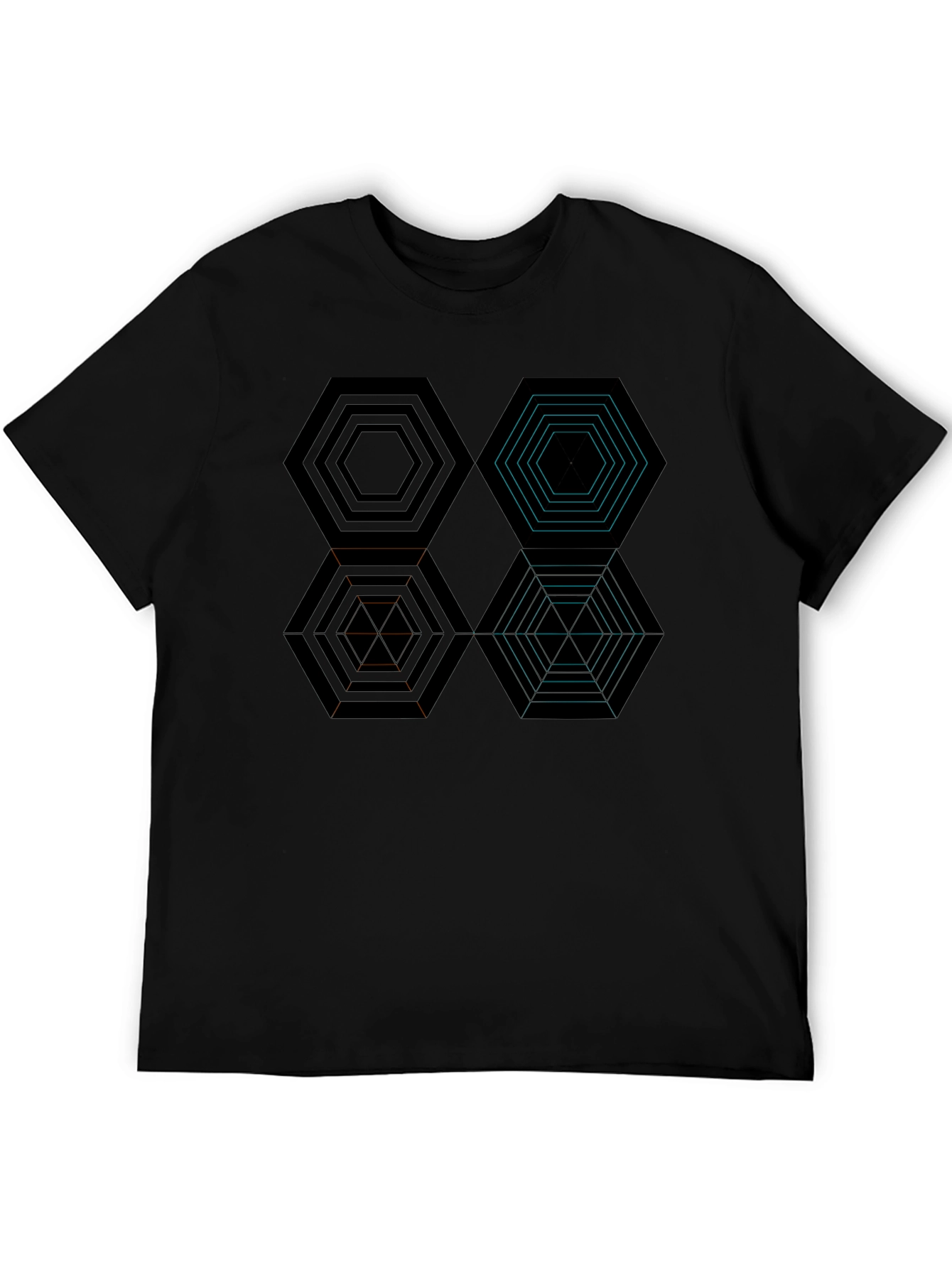 Geometric Hexagon Pattern Black T-Shirt