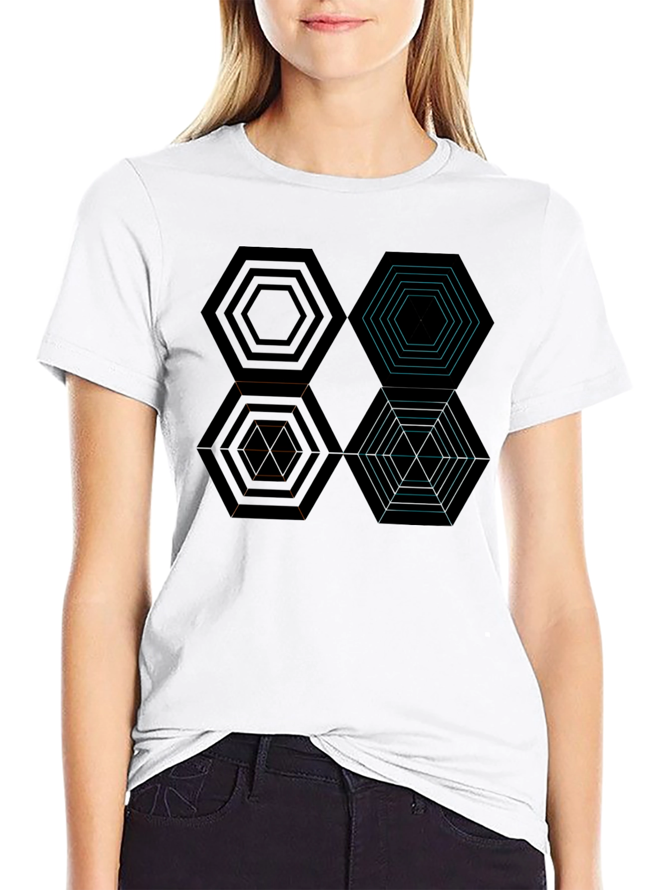 Geometric Hexagon Pattern Black T-Shirt