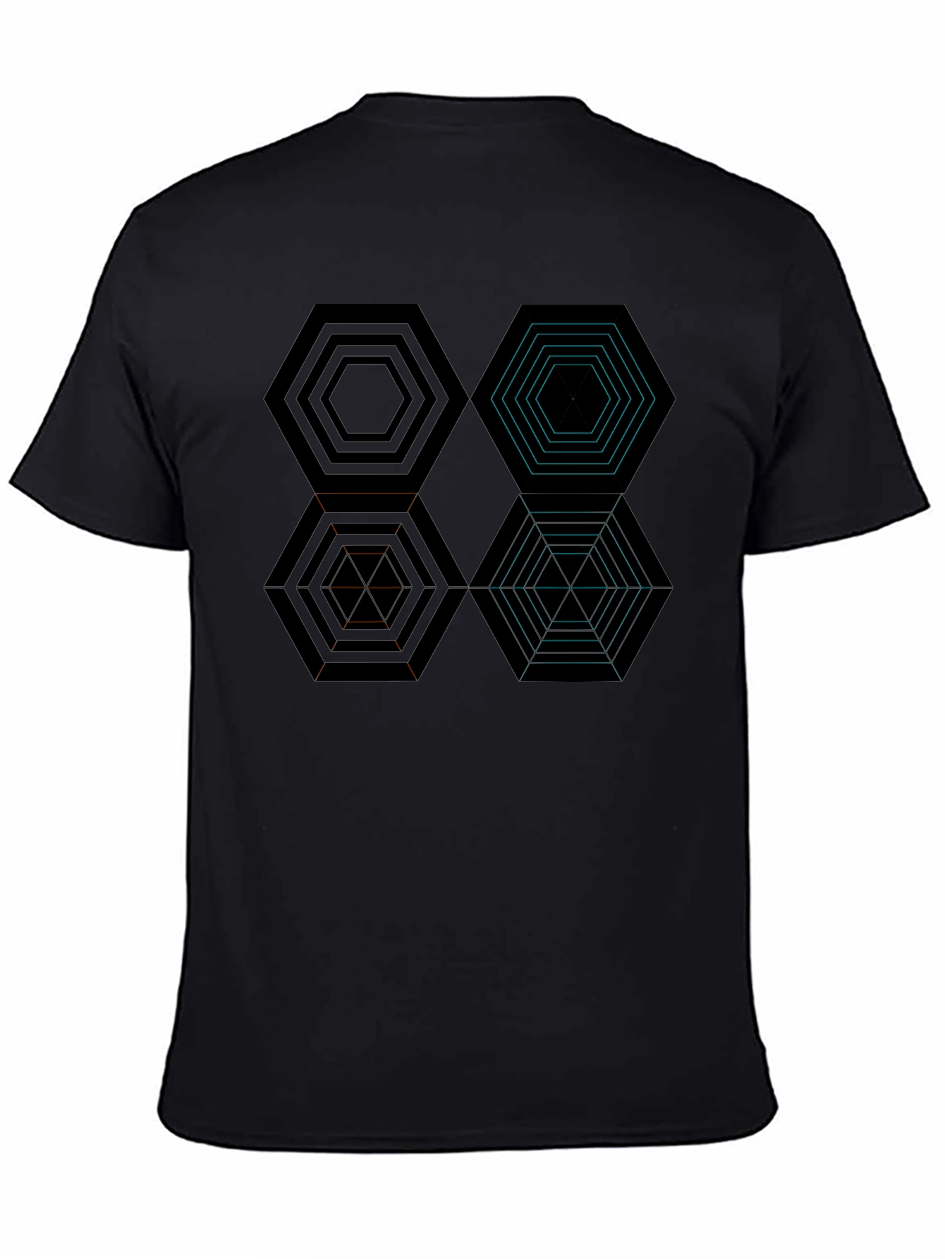 Geometric Hexagon Pattern Black T-Shirt