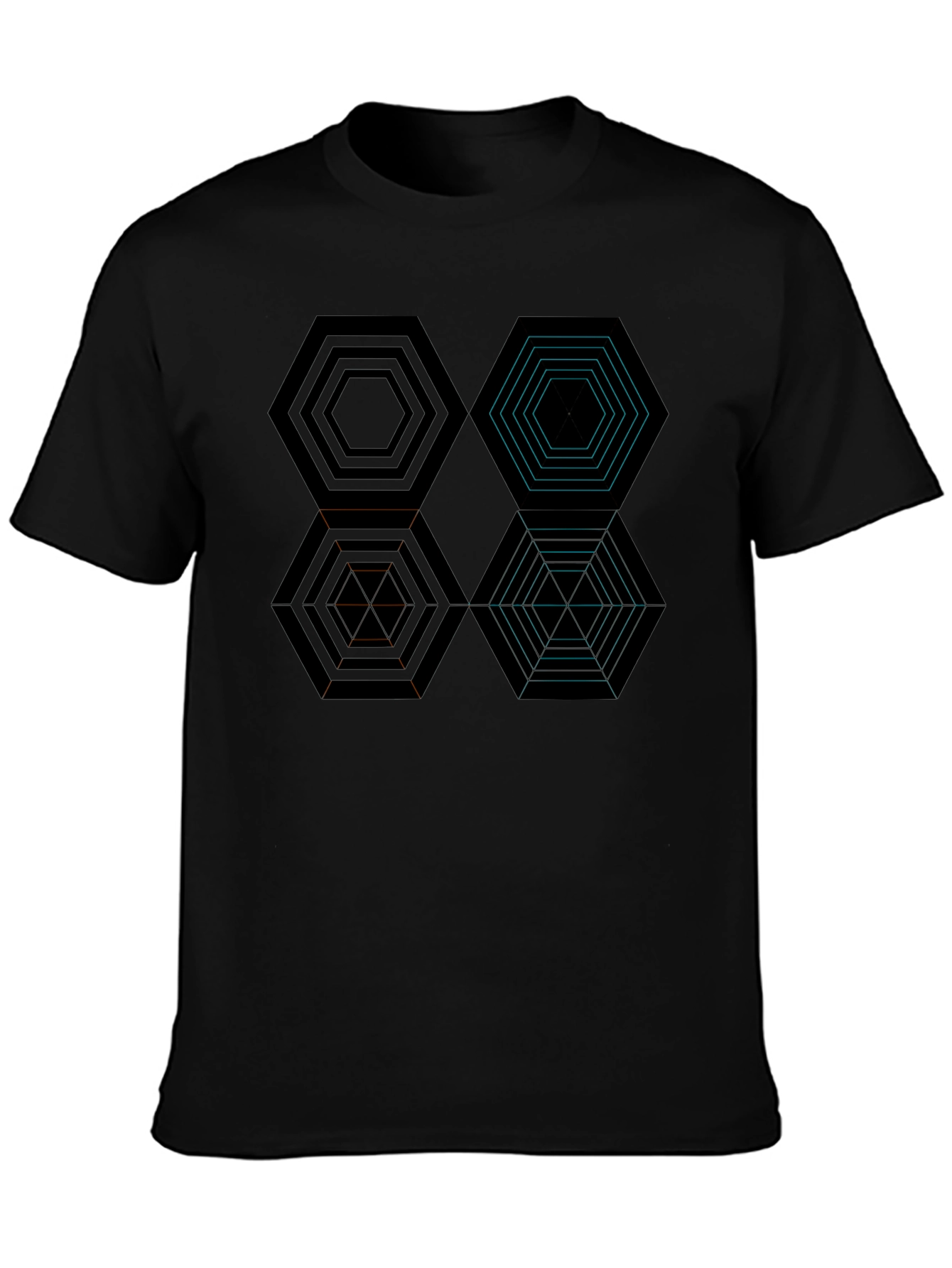 Geometric Hexagon Pattern Black T-Shirt