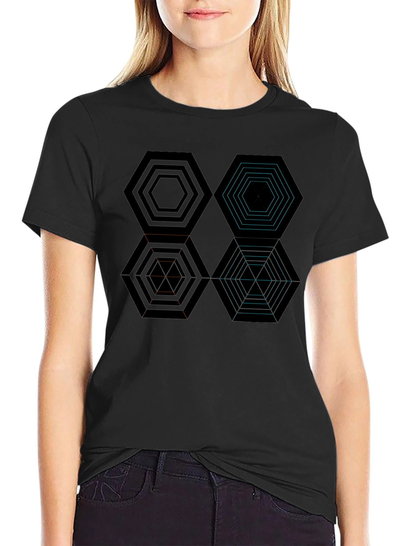 Geometric Hexagon Pattern Black T-Shirt