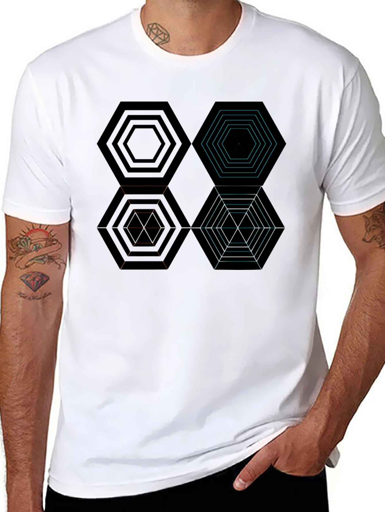 Geometric Hexagon Pattern Black T-Shirt