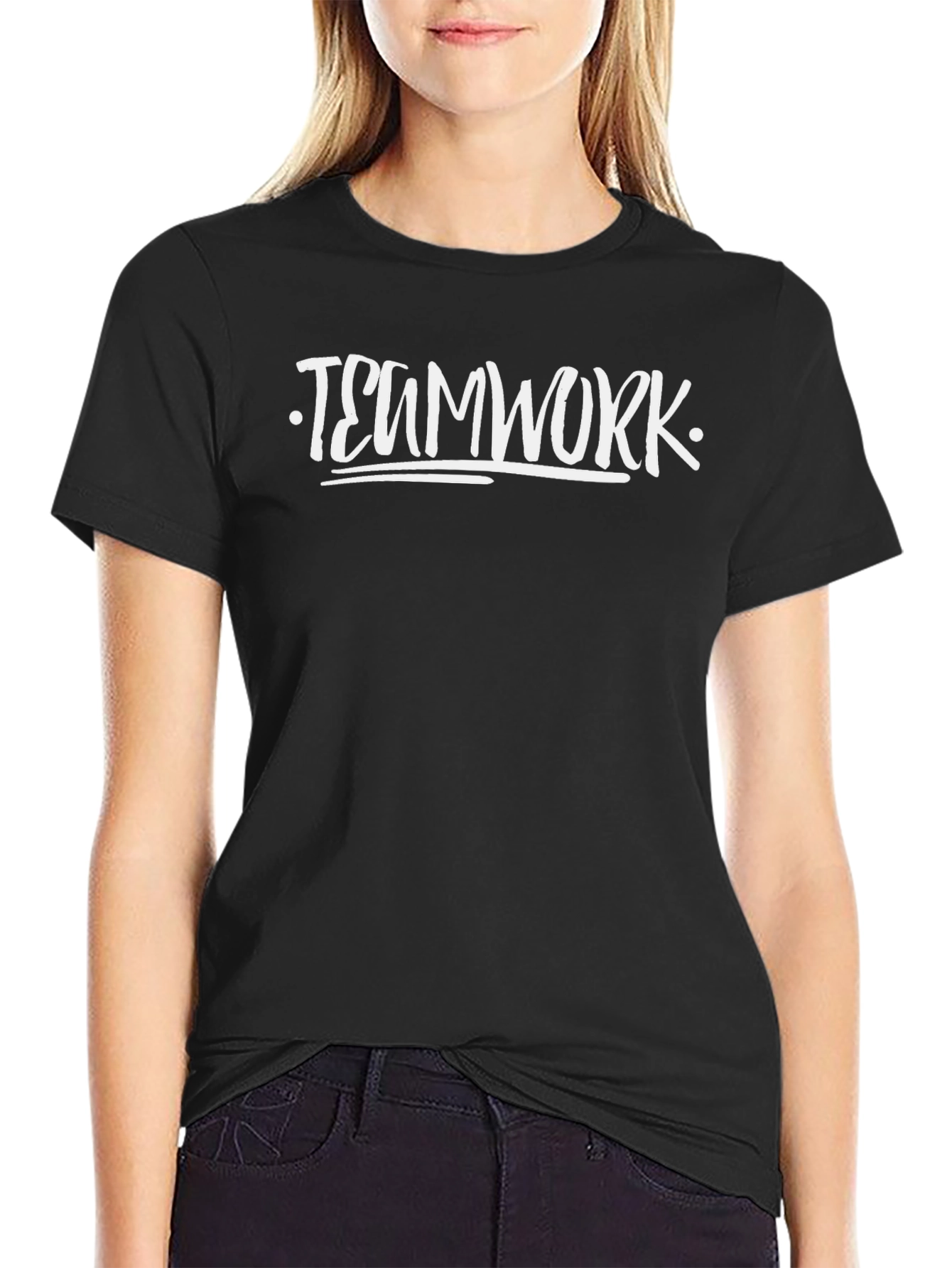 Teamwork T-Shirt Black Cotton Crew Neck Graphic Tee