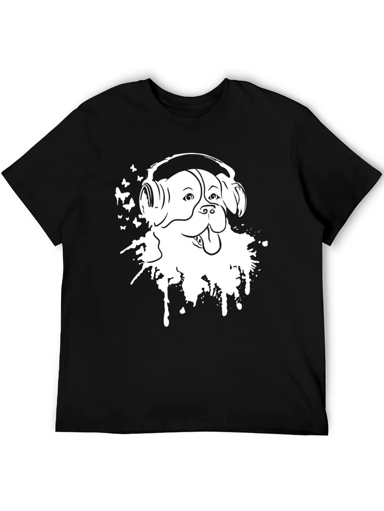 Dog with Headphones Black T-Shirt