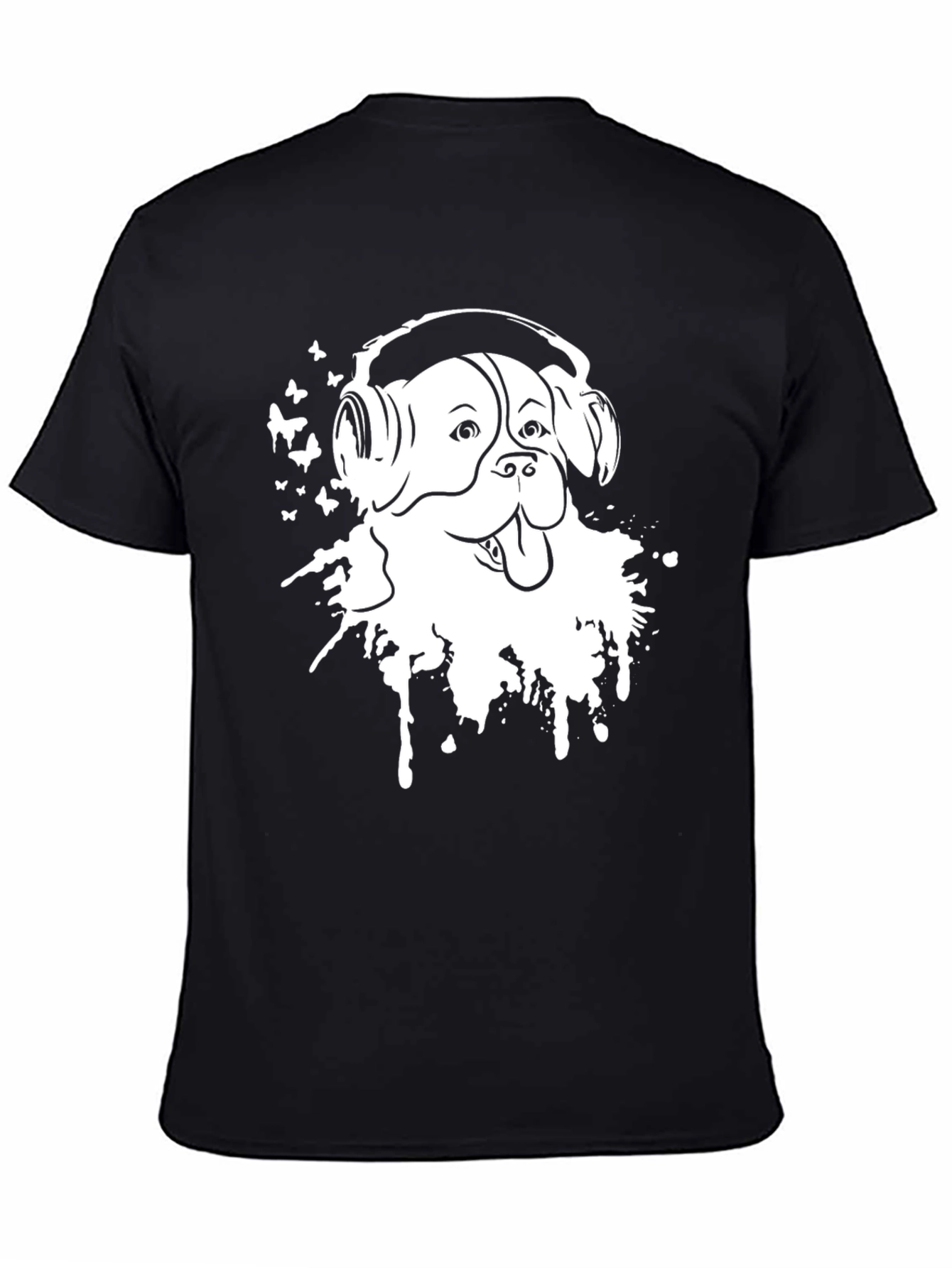 Dog with Headphones Black T-Shirt