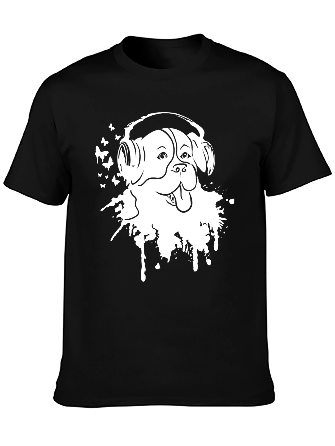 Dog with Headphones Black T-Shirt