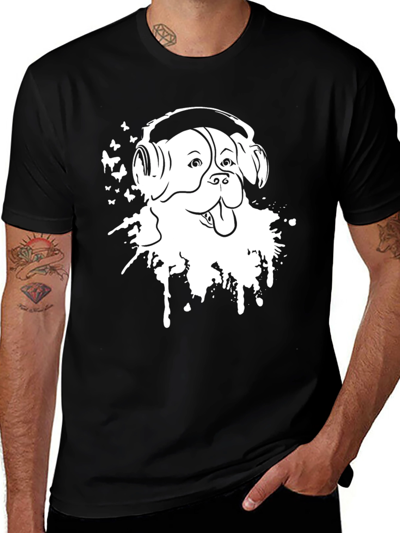 Dog with Headphones Black T-Shirt