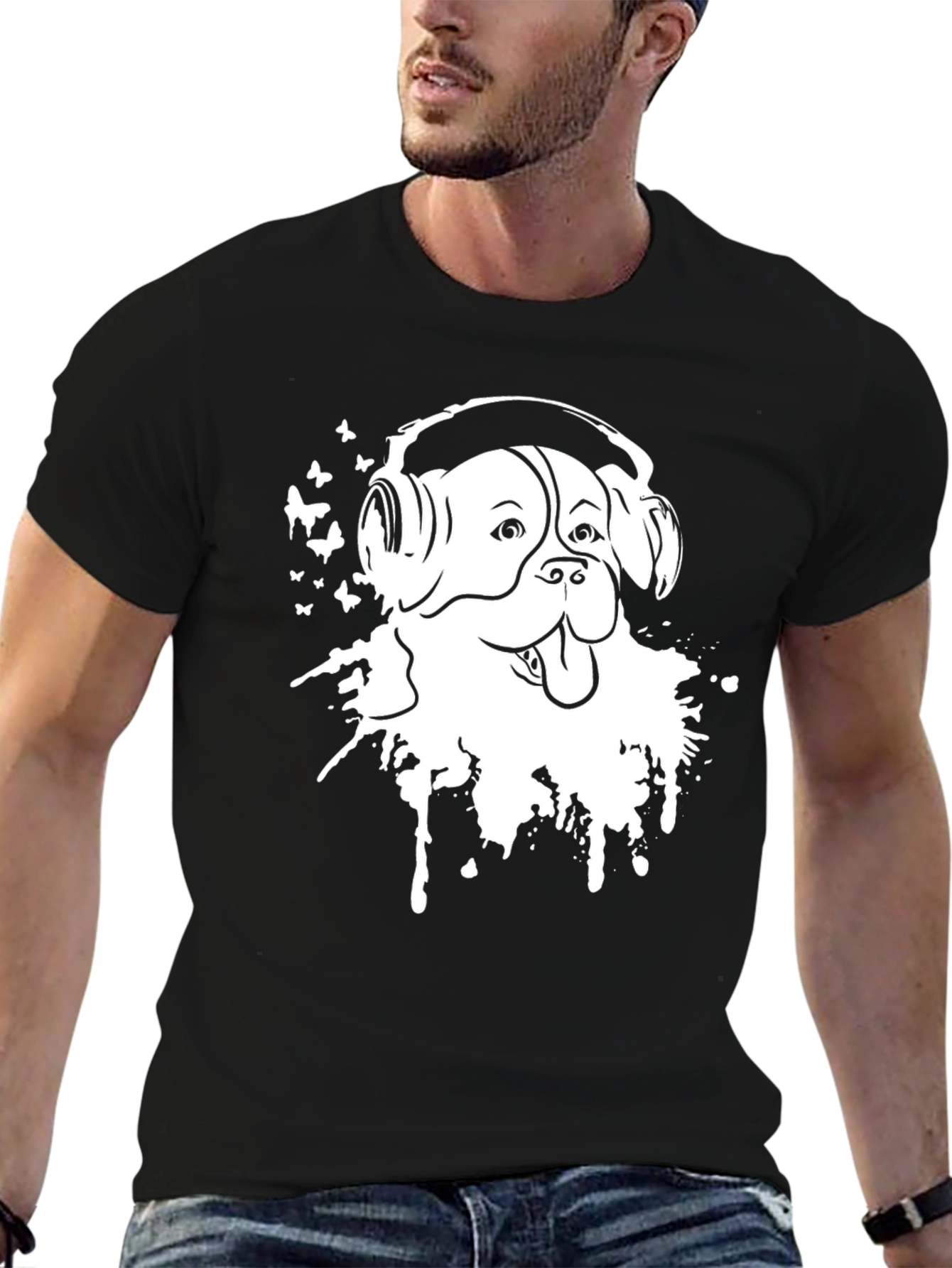Dog with Headphones Black T-Shirt