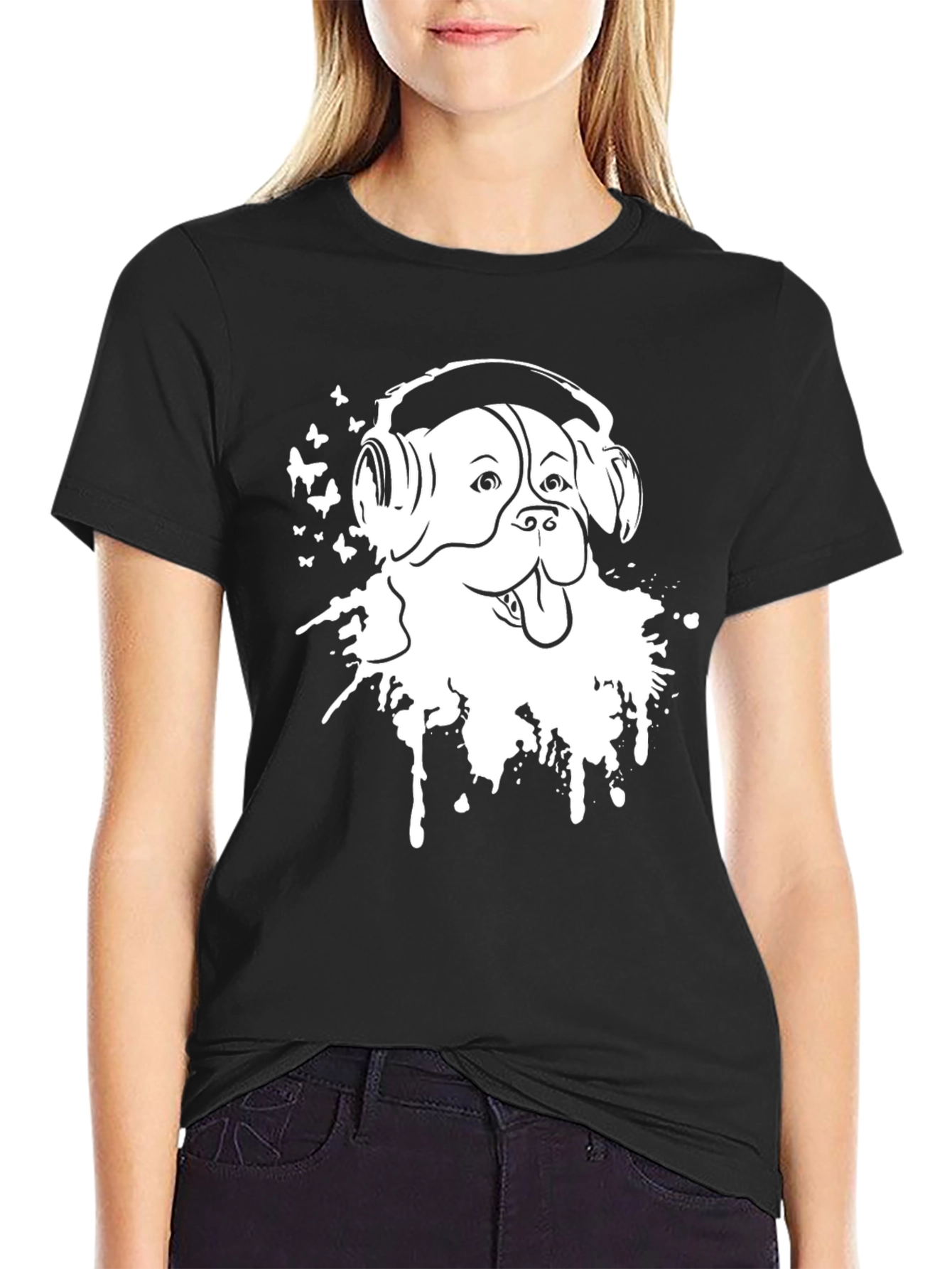 Dog with Headphones Black T-Shirt