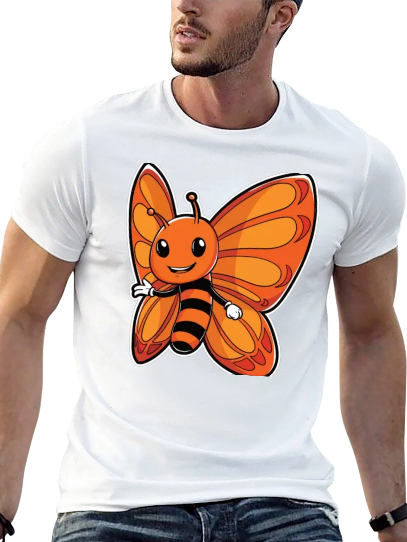 Cartoon Butterfly Graphic T-Shirt - Fun Black Tee
