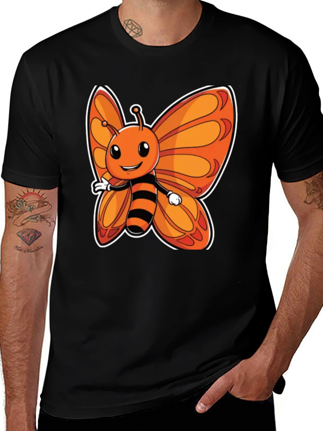 Cartoon Butterfly Graphic T-Shirt - Fun Black Tee