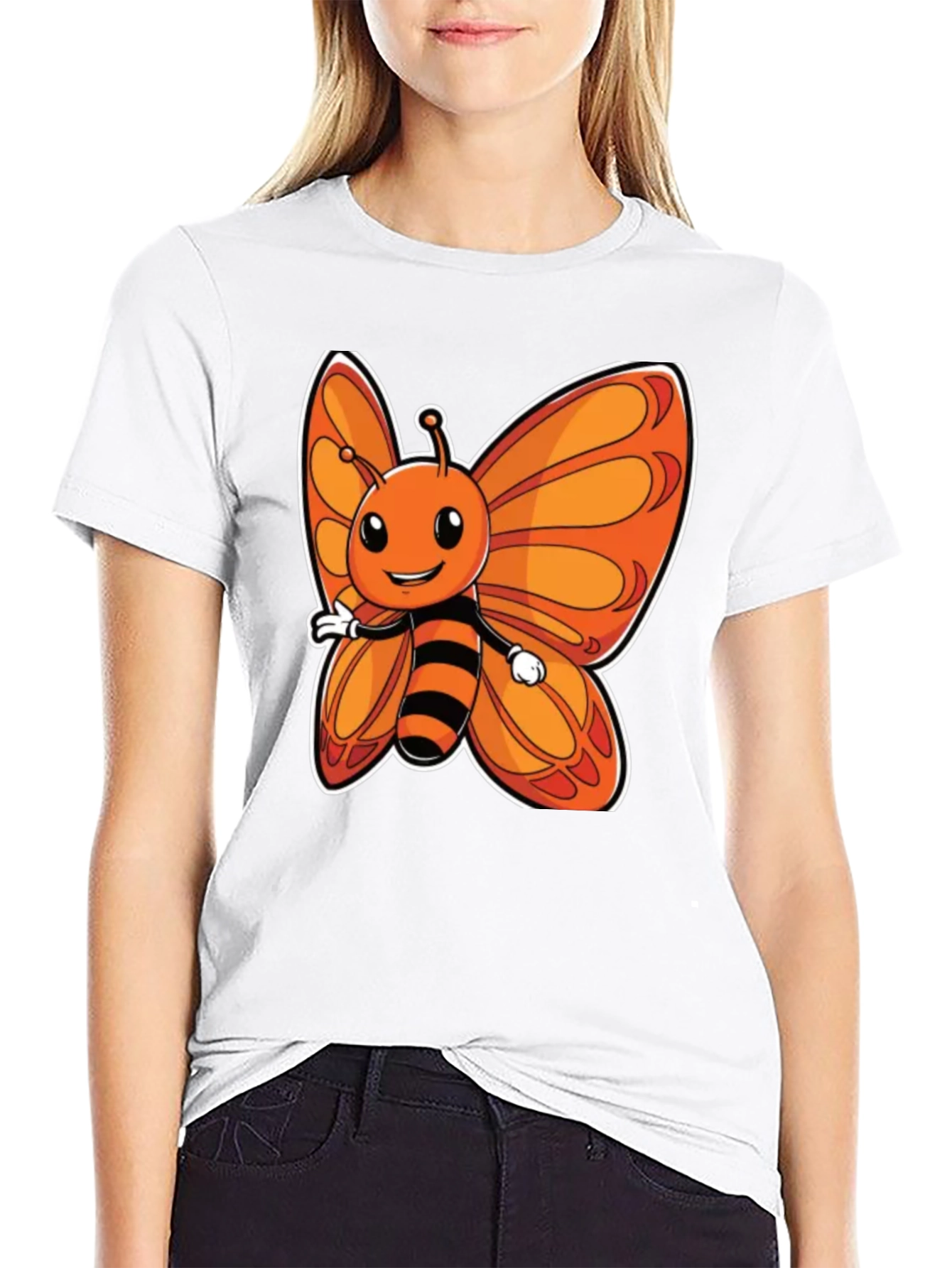 Cartoon Butterfly Graphic T-Shirt - Fun Black Tee