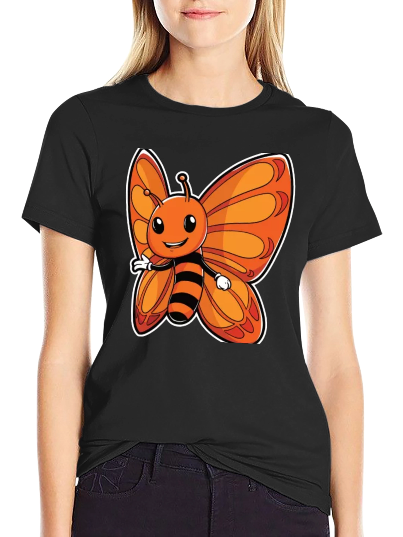 Cartoon Butterfly Graphic T-Shirt - Fun Black Tee