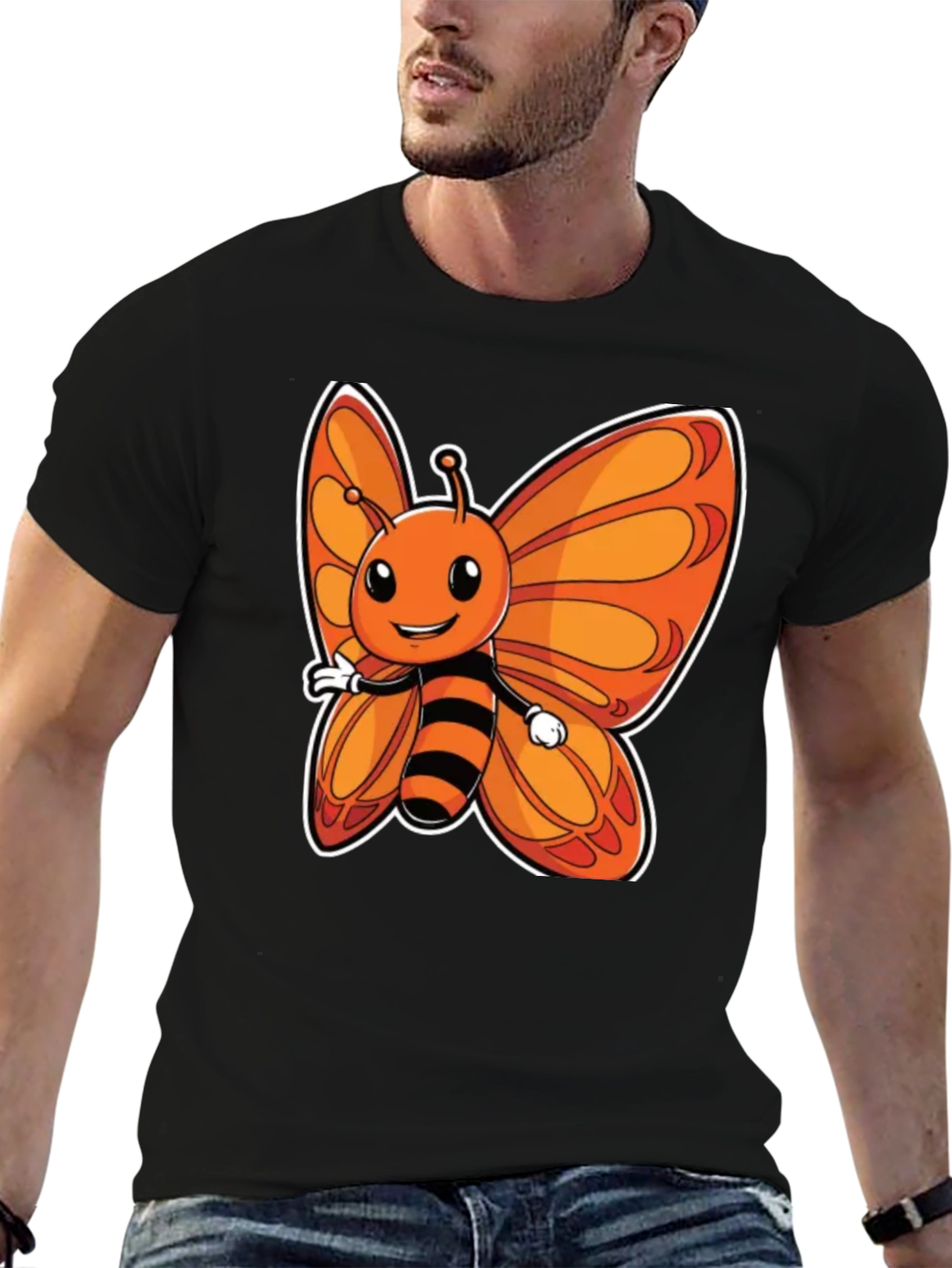 Cartoon Butterfly Graphic T-Shirt - Fun Black Tee