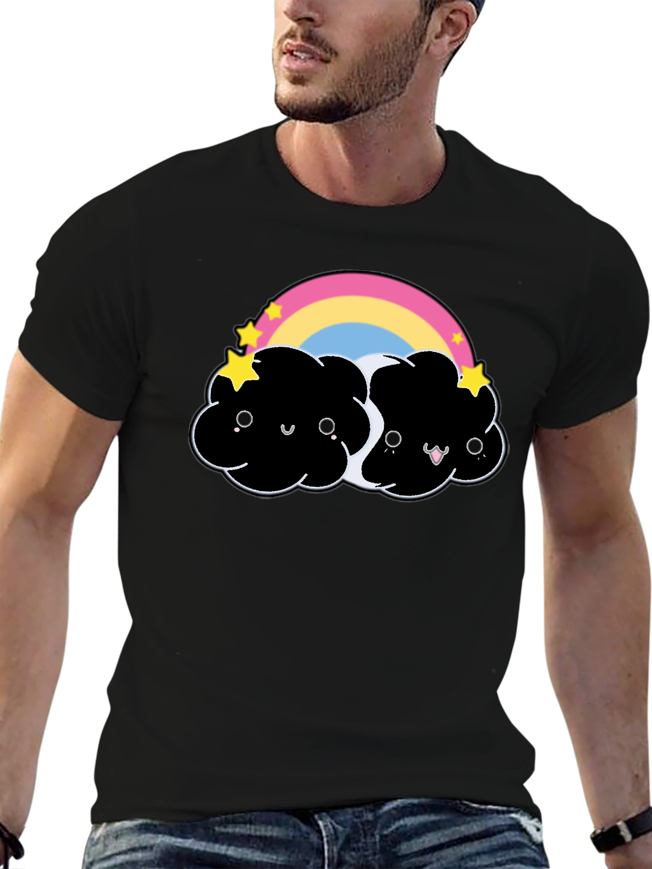 Cute Black Cloud T-Shirt with Rainbow