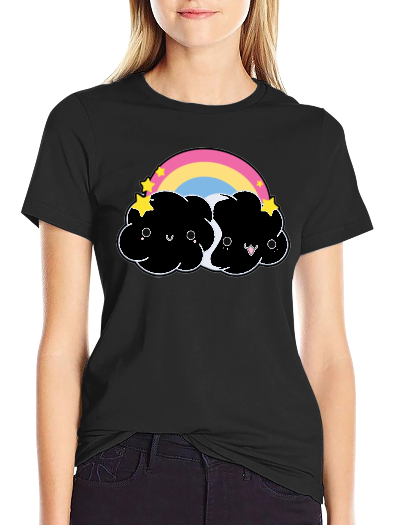 Cute Black Cloud T-Shirt with Rainbow
