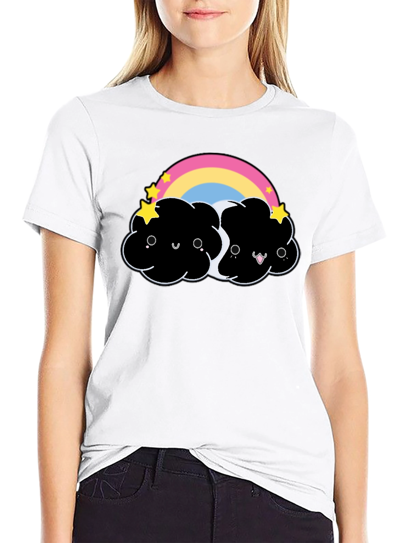 Cute Black Cloud T-Shirt with Rainbow