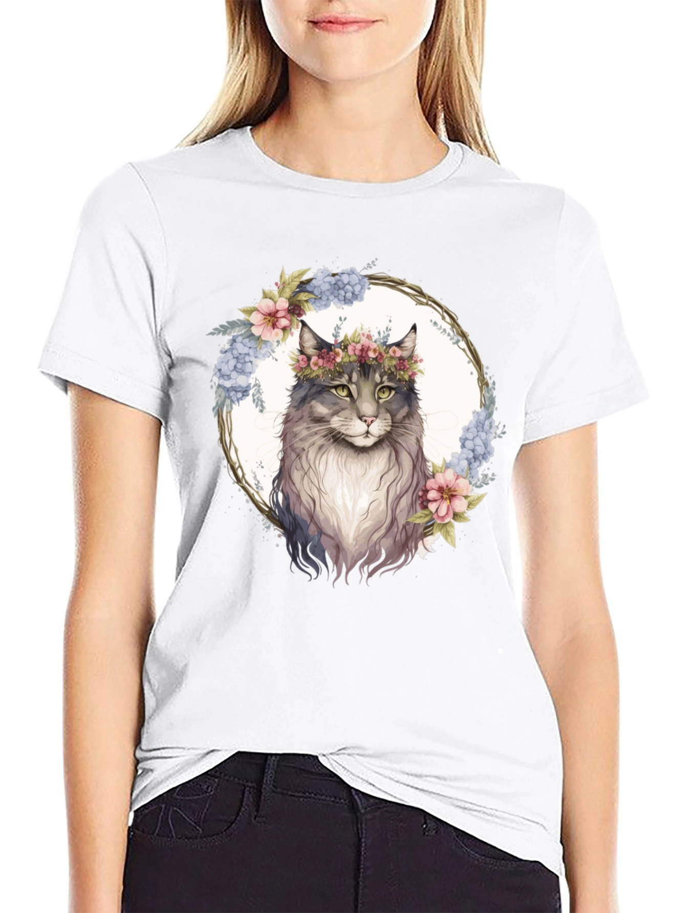 Floral Cat Graphic Black T-Shirt