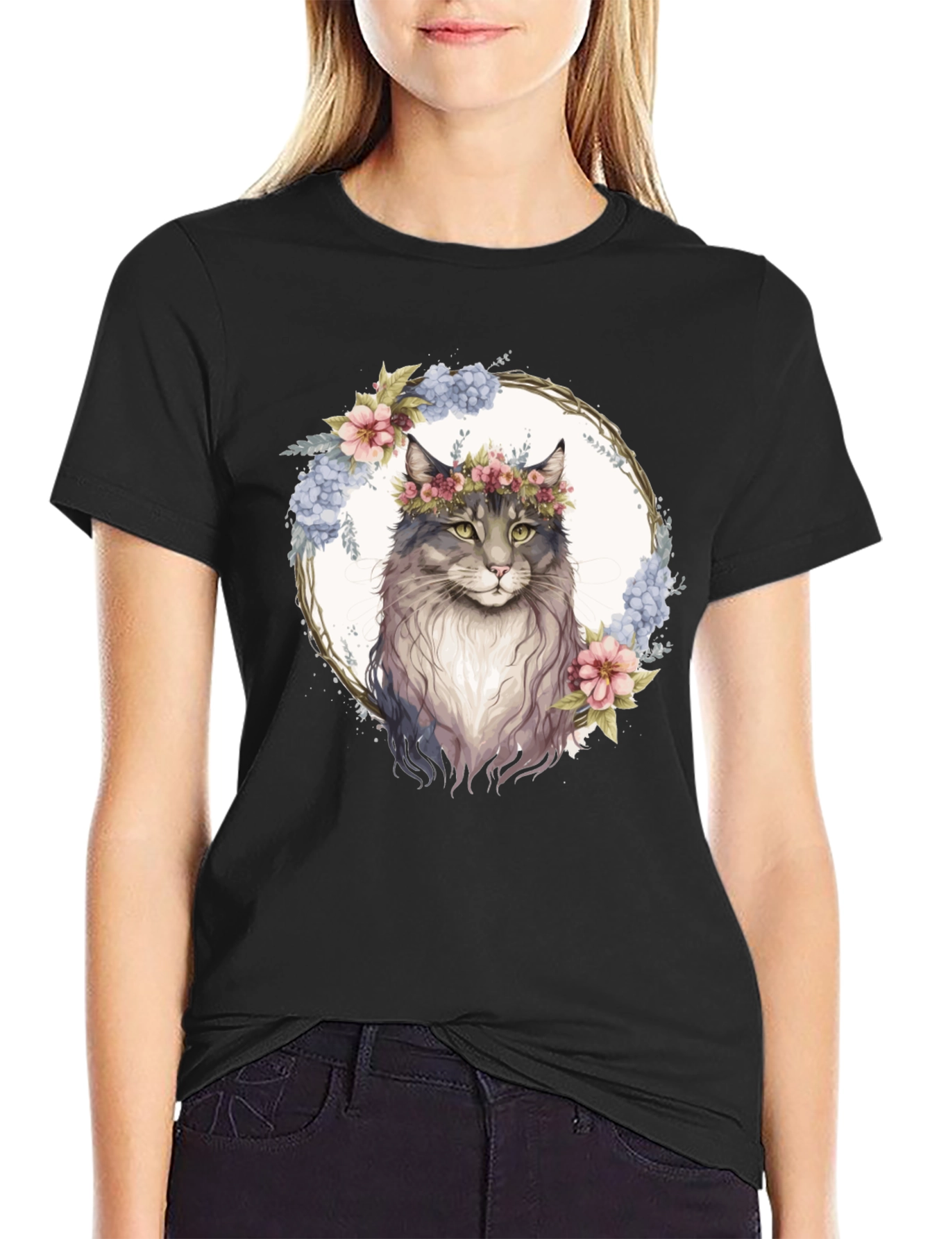 Floral Cat Graphic Black T-Shirt