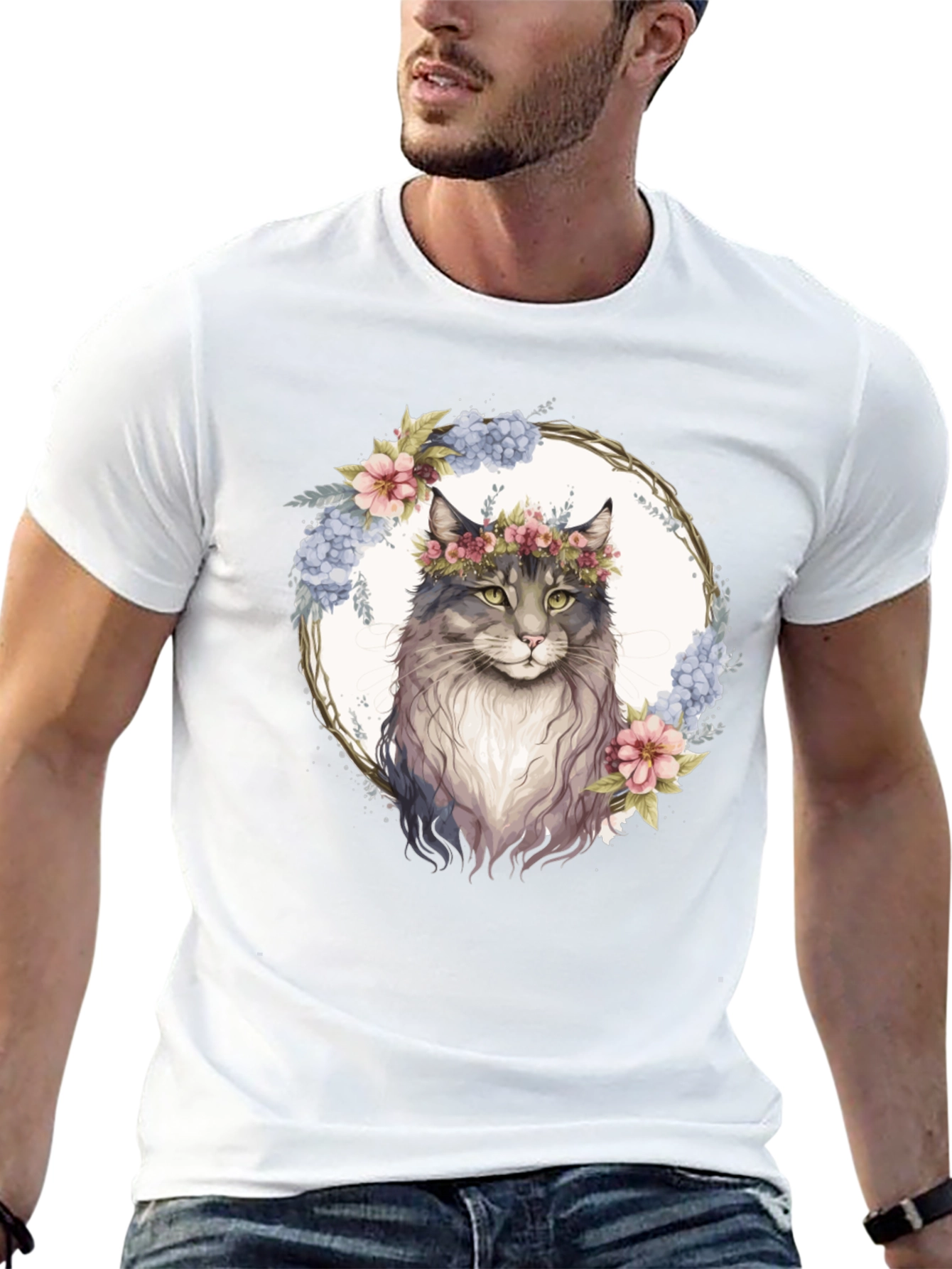 Floral Cat Graphic Black T-Shirt