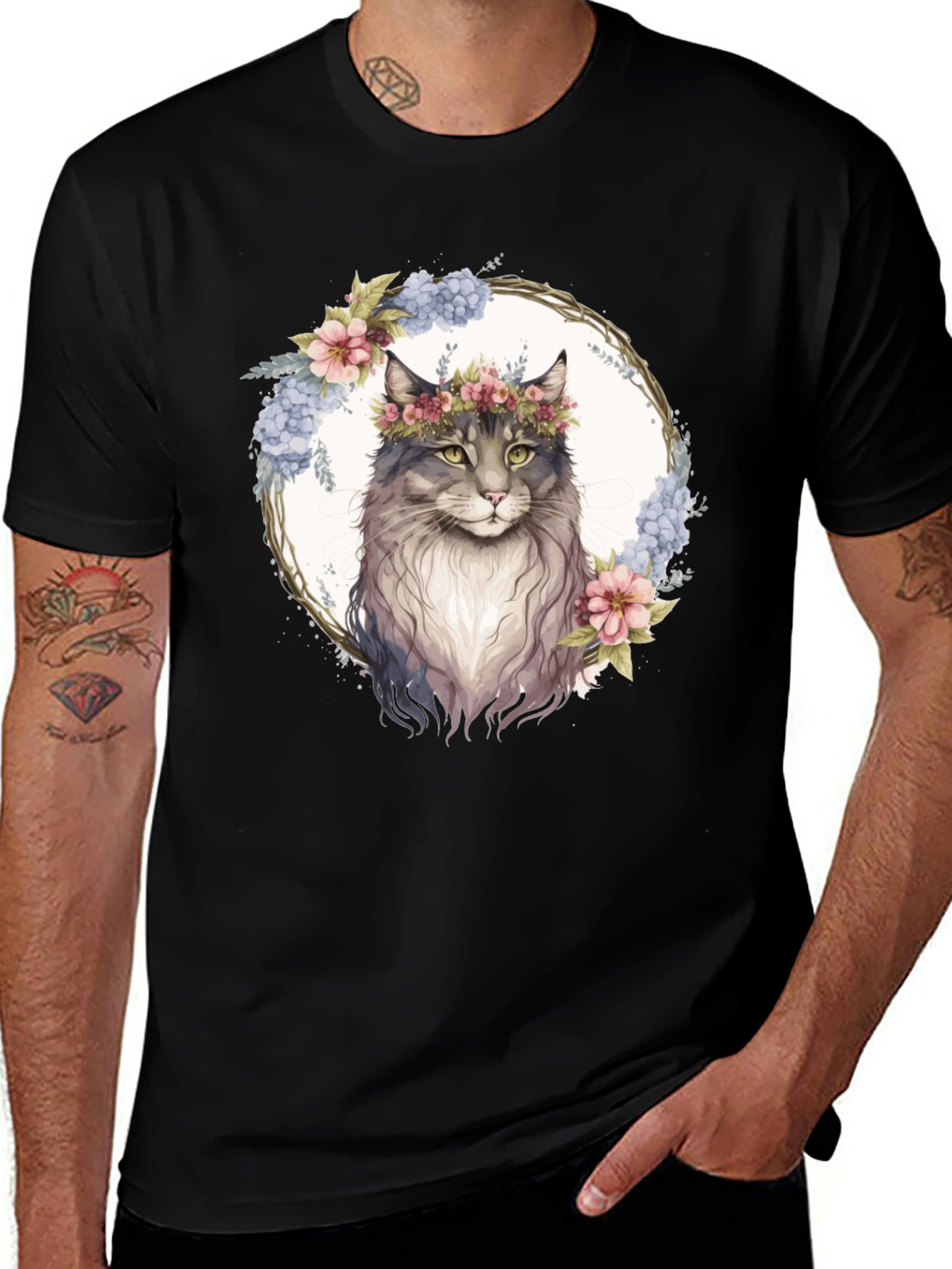 Floral Cat Graphic Black T-Shirt