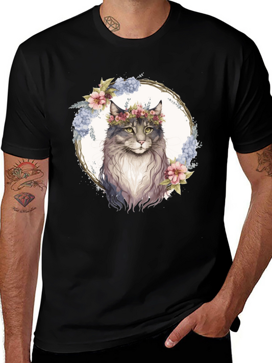 Floral Cat Graphic Black T-Shirt