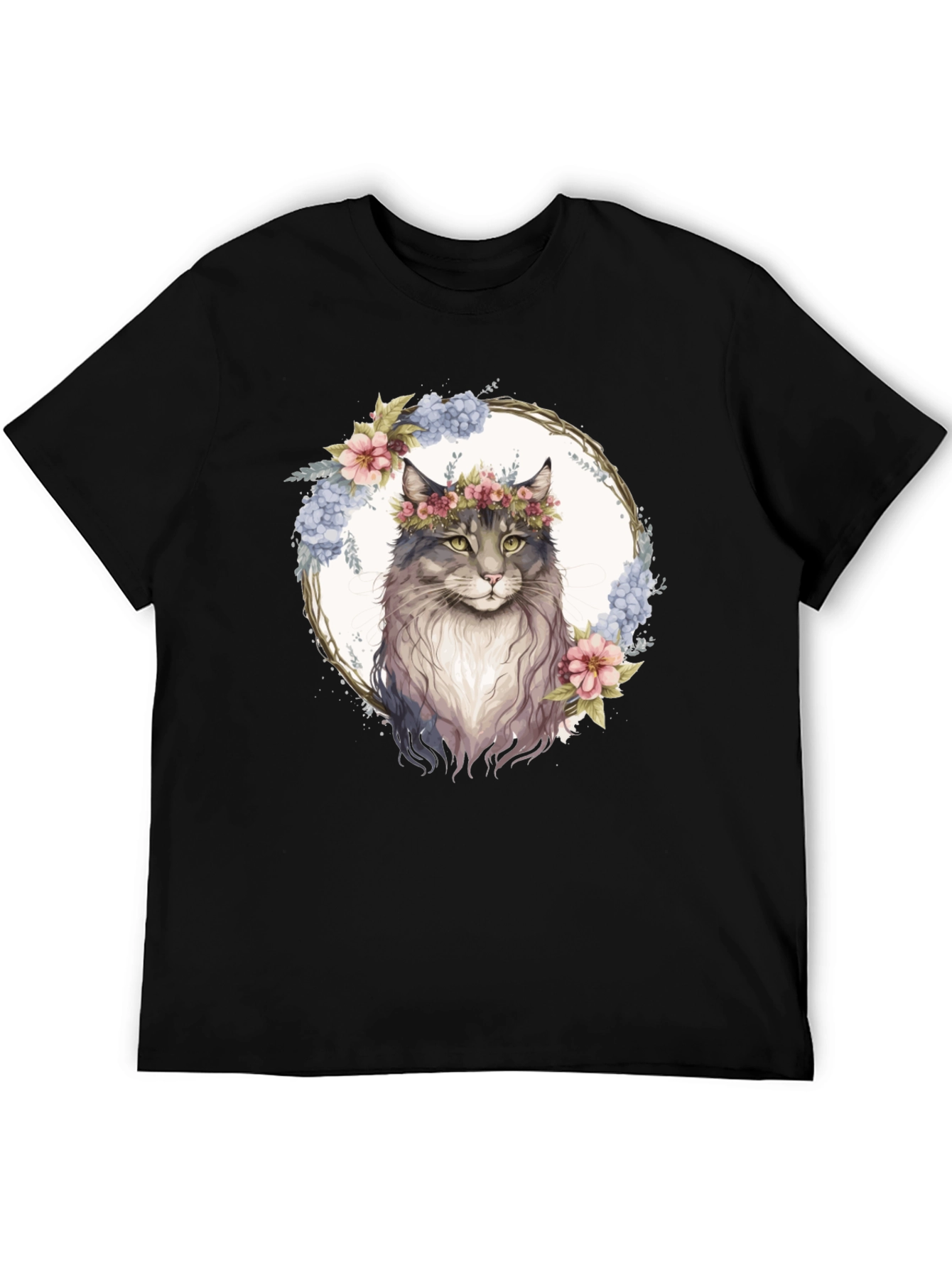 Floral Cat Graphic Black T-Shirt