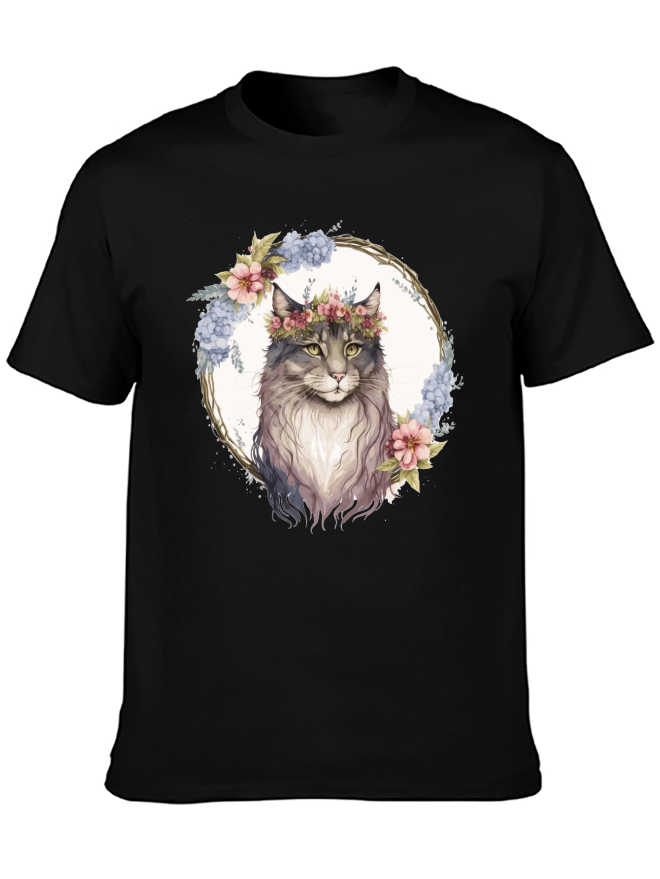 Floral Cat Graphic Black T-Shirt