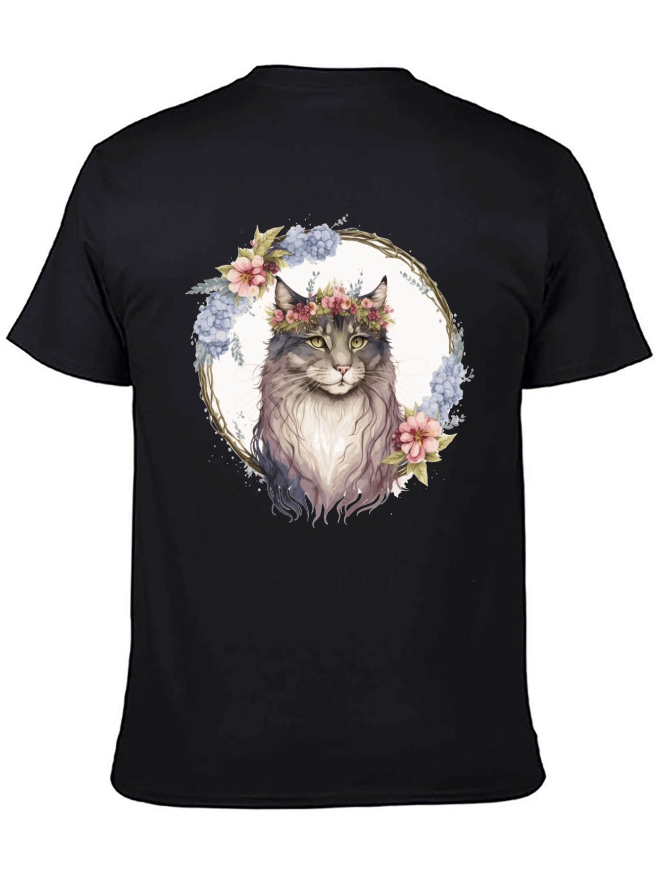 Floral Cat Graphic Black T-Shirt