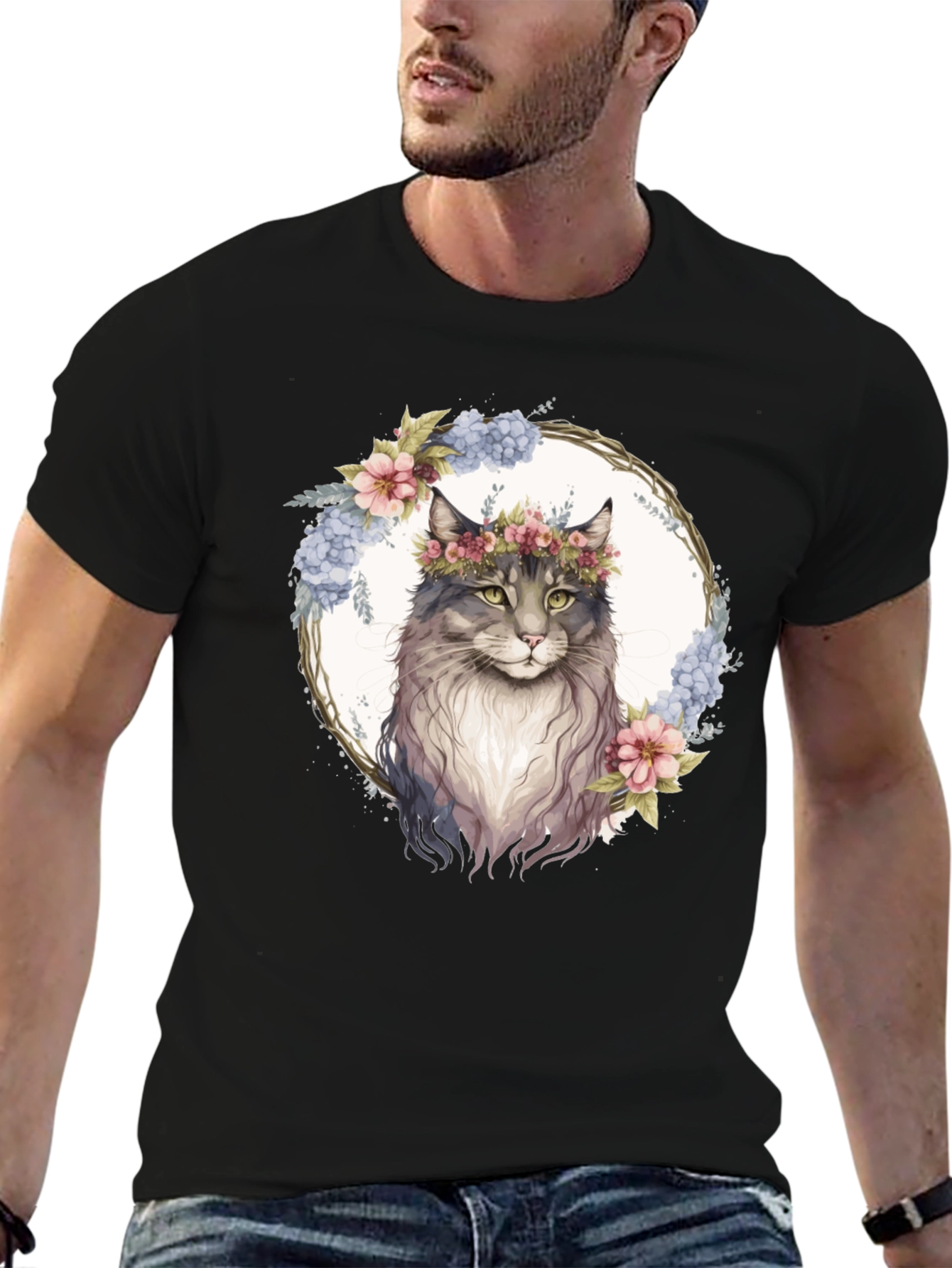 Floral Cat Graphic Black T-Shirt