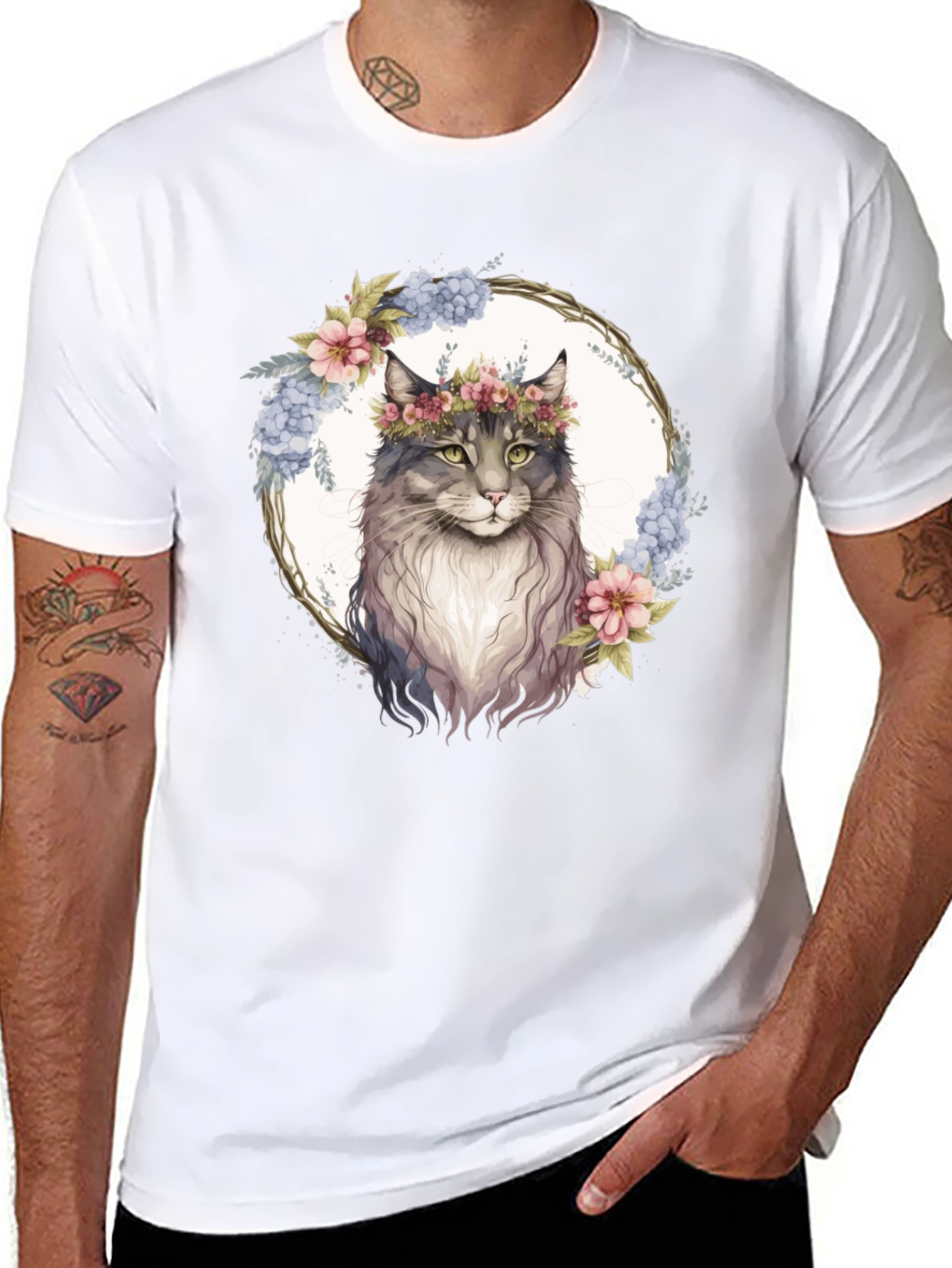 Floral Cat Graphic Black T-Shirt