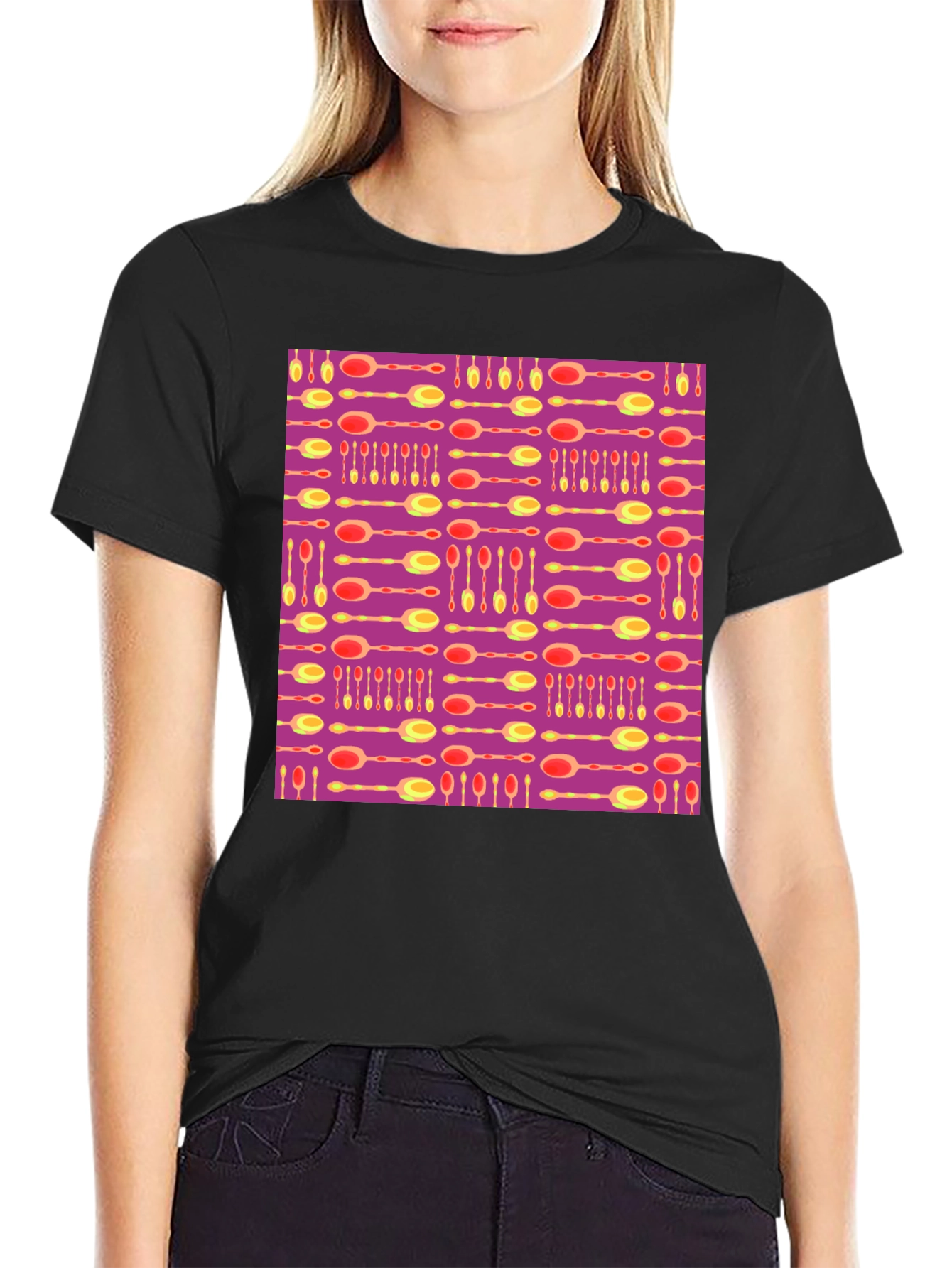 Funky Spoon Print Black T-Shirt