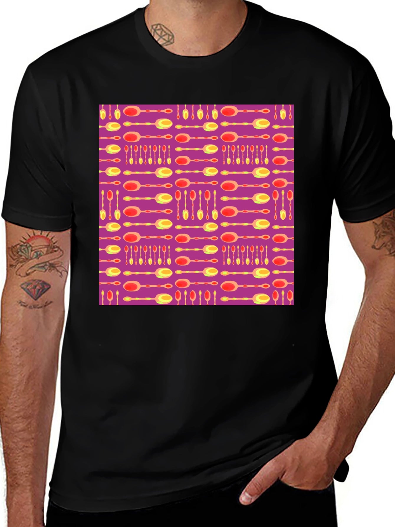 Funky Spoon Print Black T-Shirt