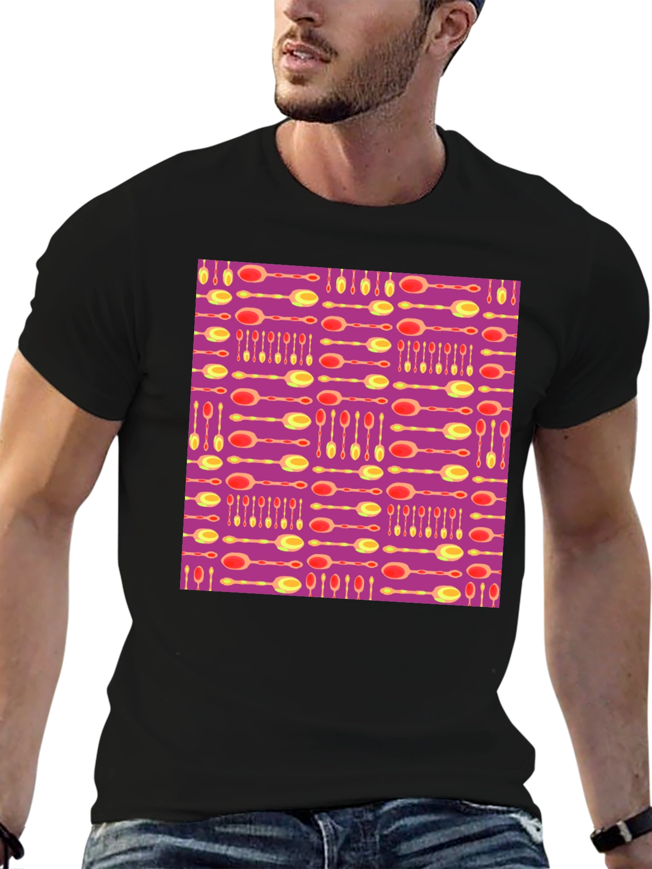 Funky Spoon Print Black T-Shirt