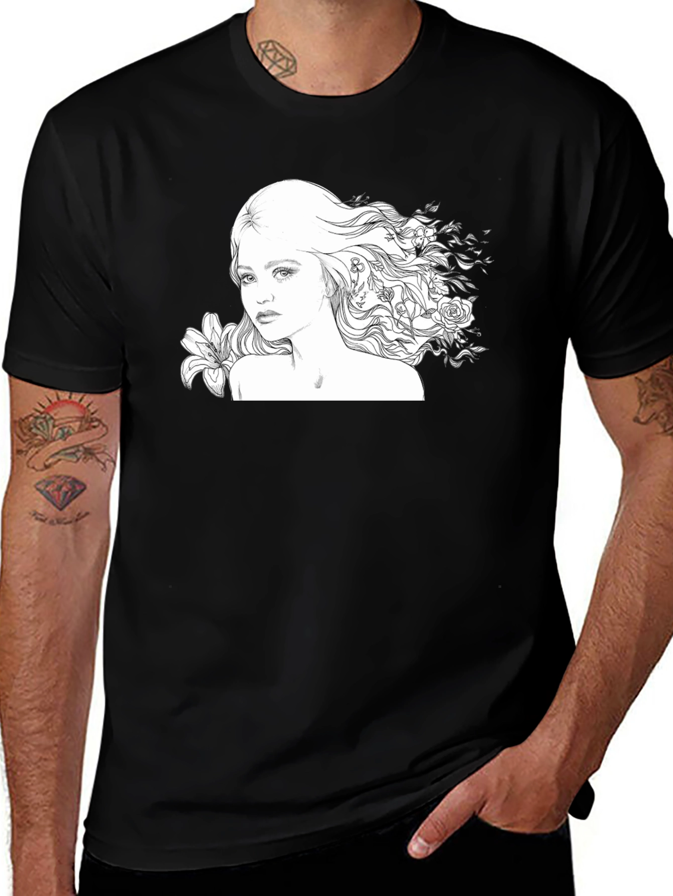 Floral Woman Graphic Tee - Black Cotton Blend