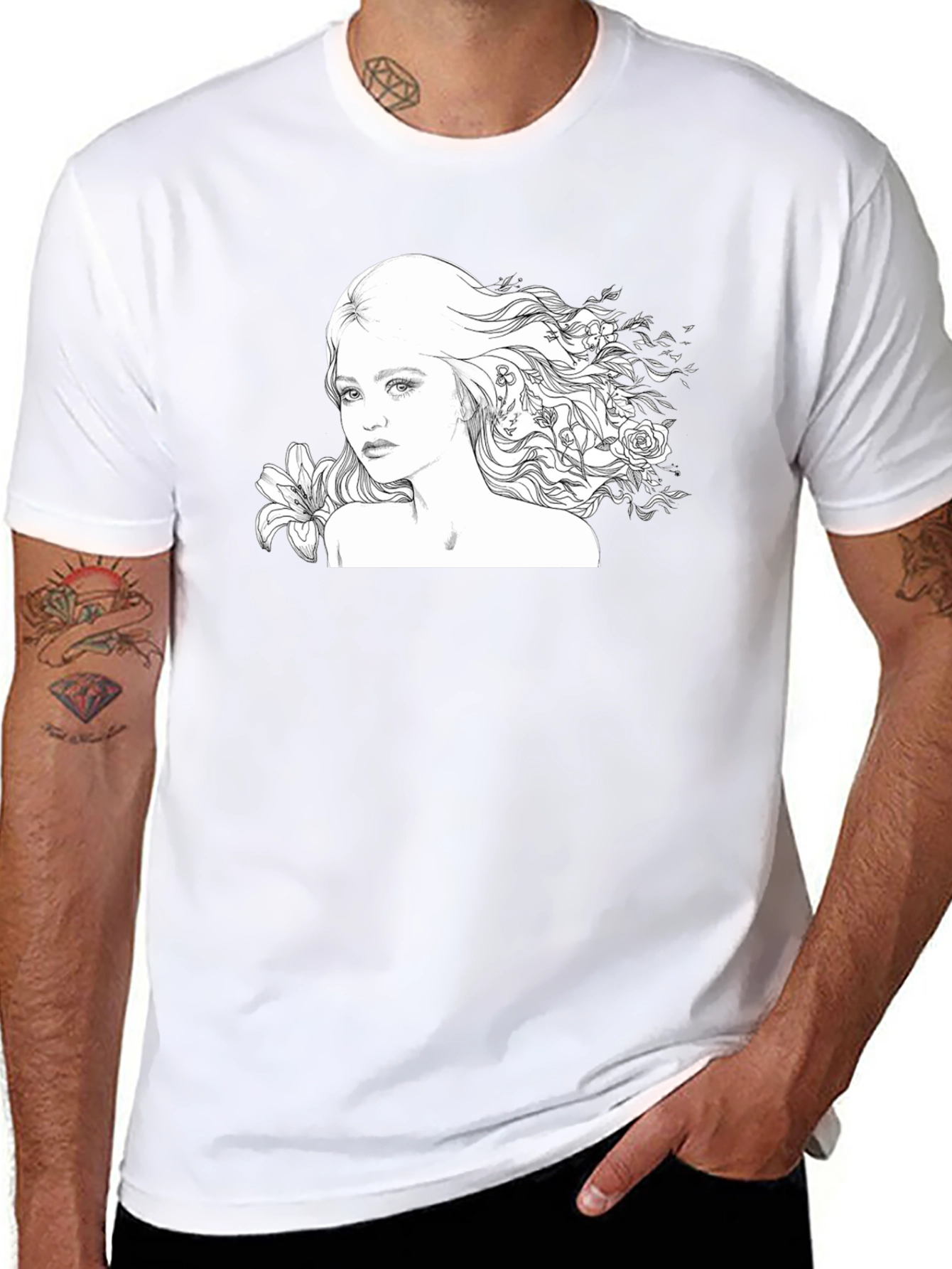 Floral Woman Graphic Tee - Black Cotton Blend