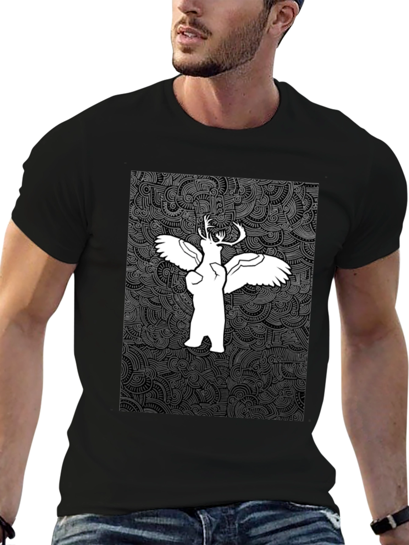 Unique Graphic Print Tee - Bear Deer Angel Fusion