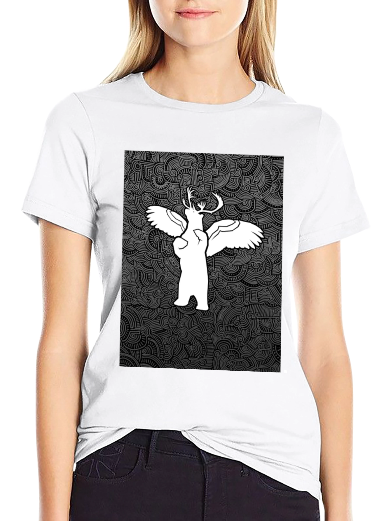Unique Graphic Print Tee - Bear Deer Angel Fusion