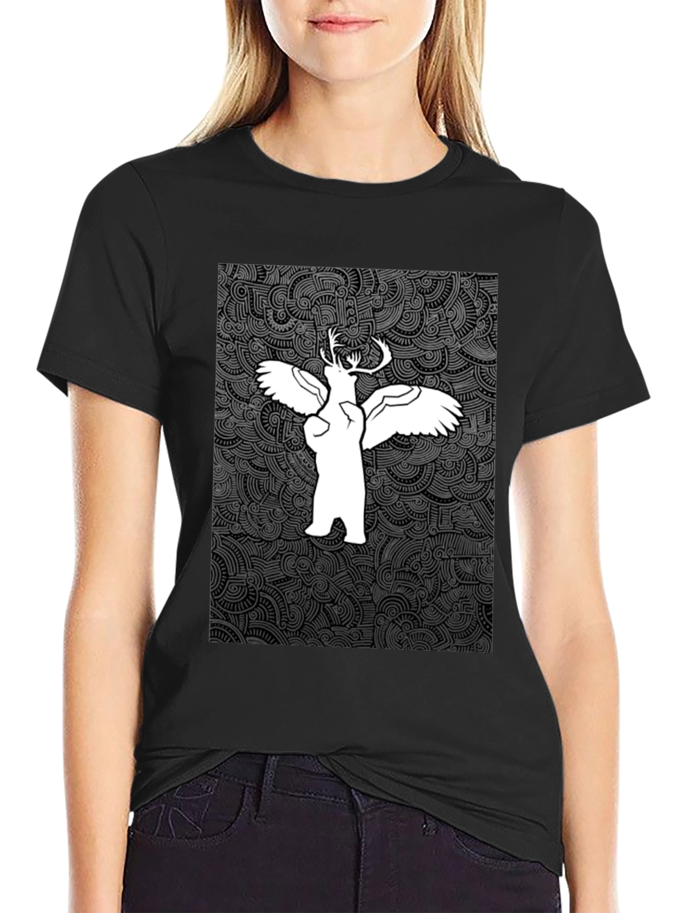Unique Graphic Print Tee - Bear Deer Angel Fusion