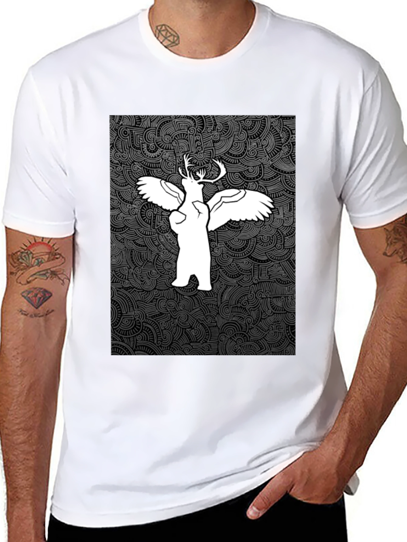 Unique Graphic Print Tee - Bear Deer Angel Fusion