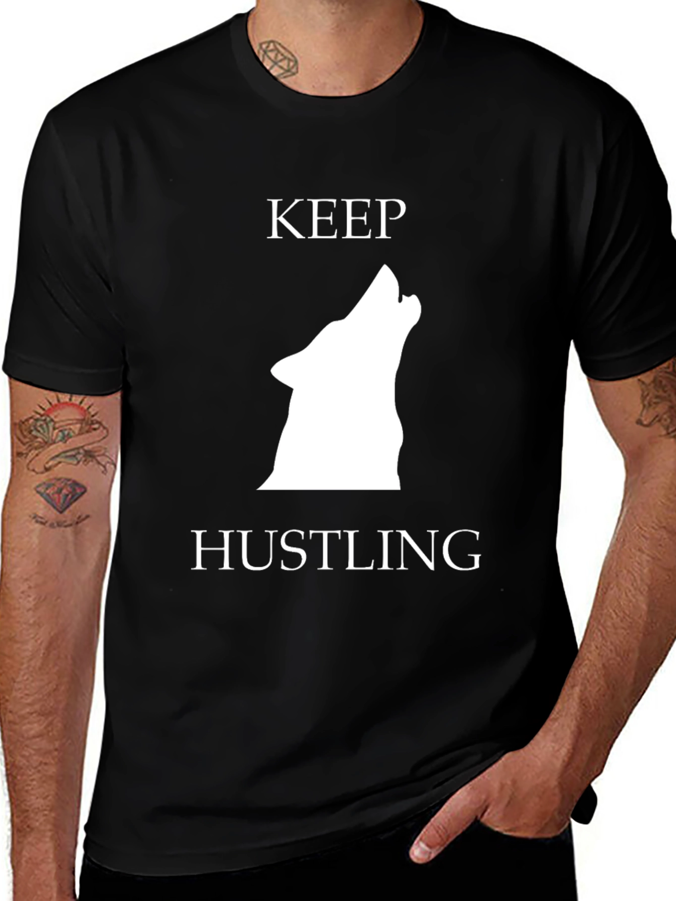Keep Hustling Wolf Graphic Tee - Black Cotton T-Shirt