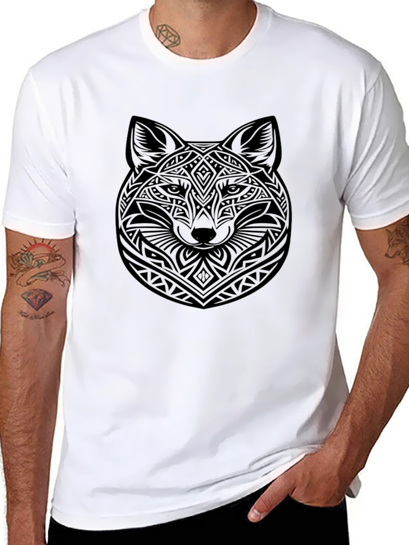 Tribal Fox Head Graphic Black T-Shirt