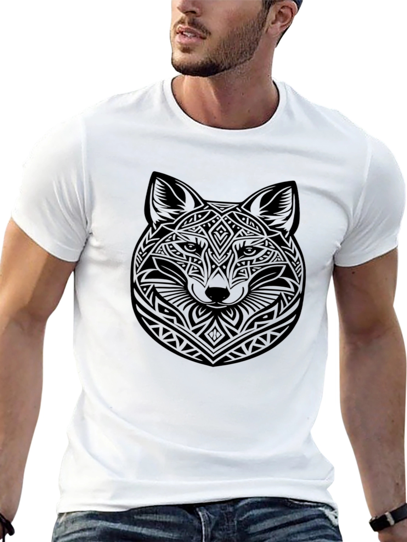 Tribal Fox Head Graphic Black T-Shirt