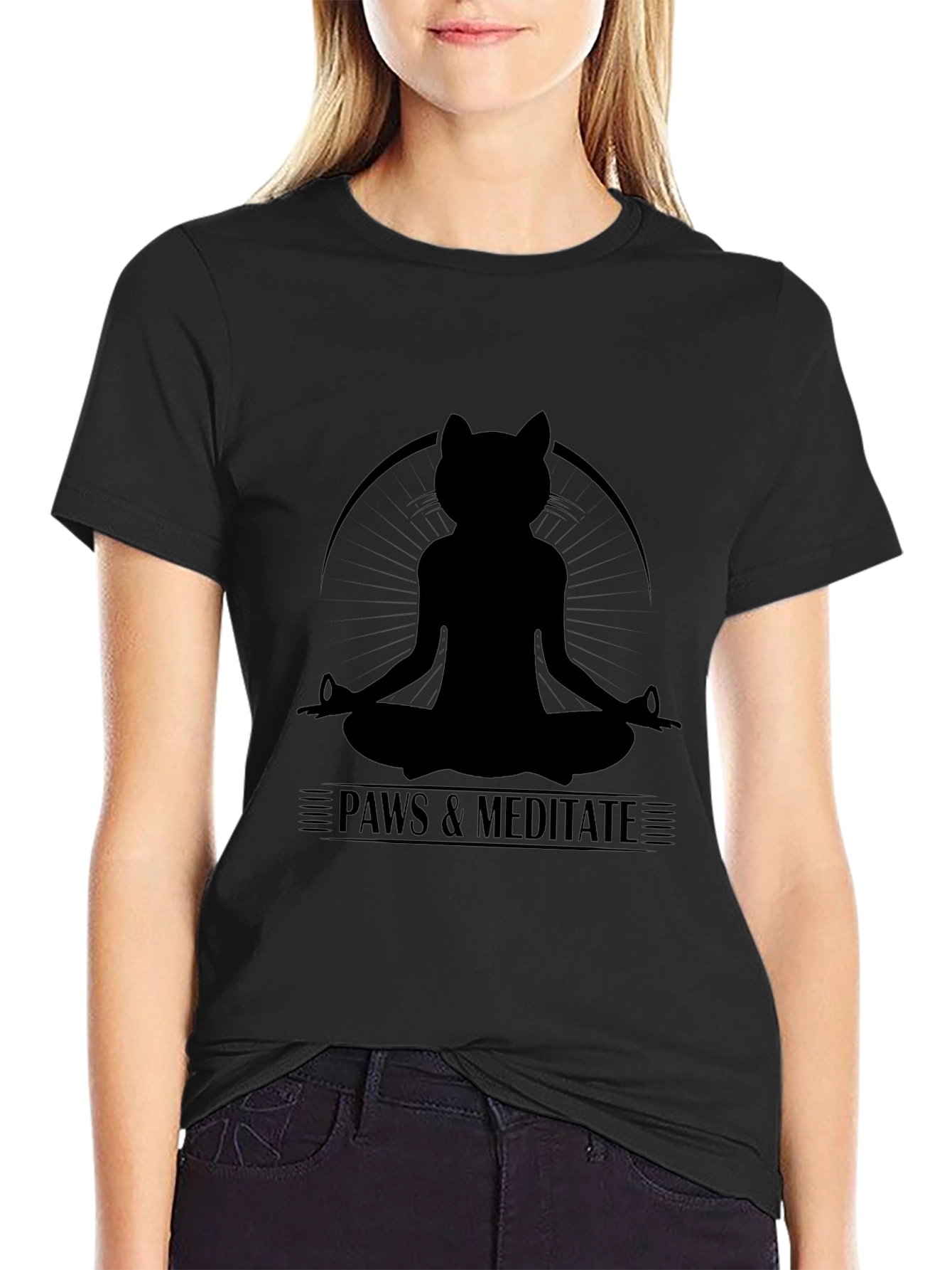 Paws & Meditate Black T-Shirt - Yoga Cat Design