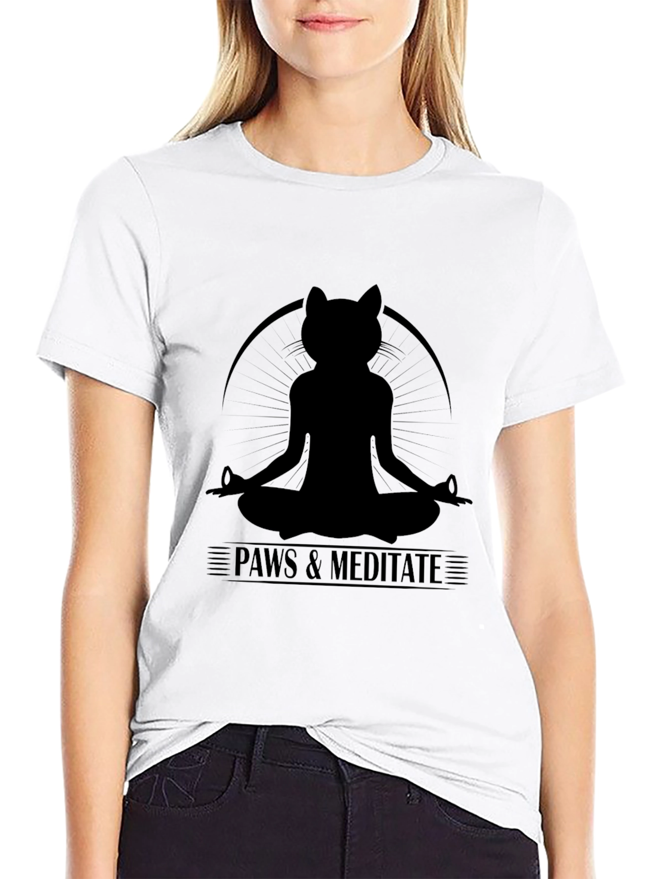 Paws & Meditate Black T-Shirt - Yoga Cat Design