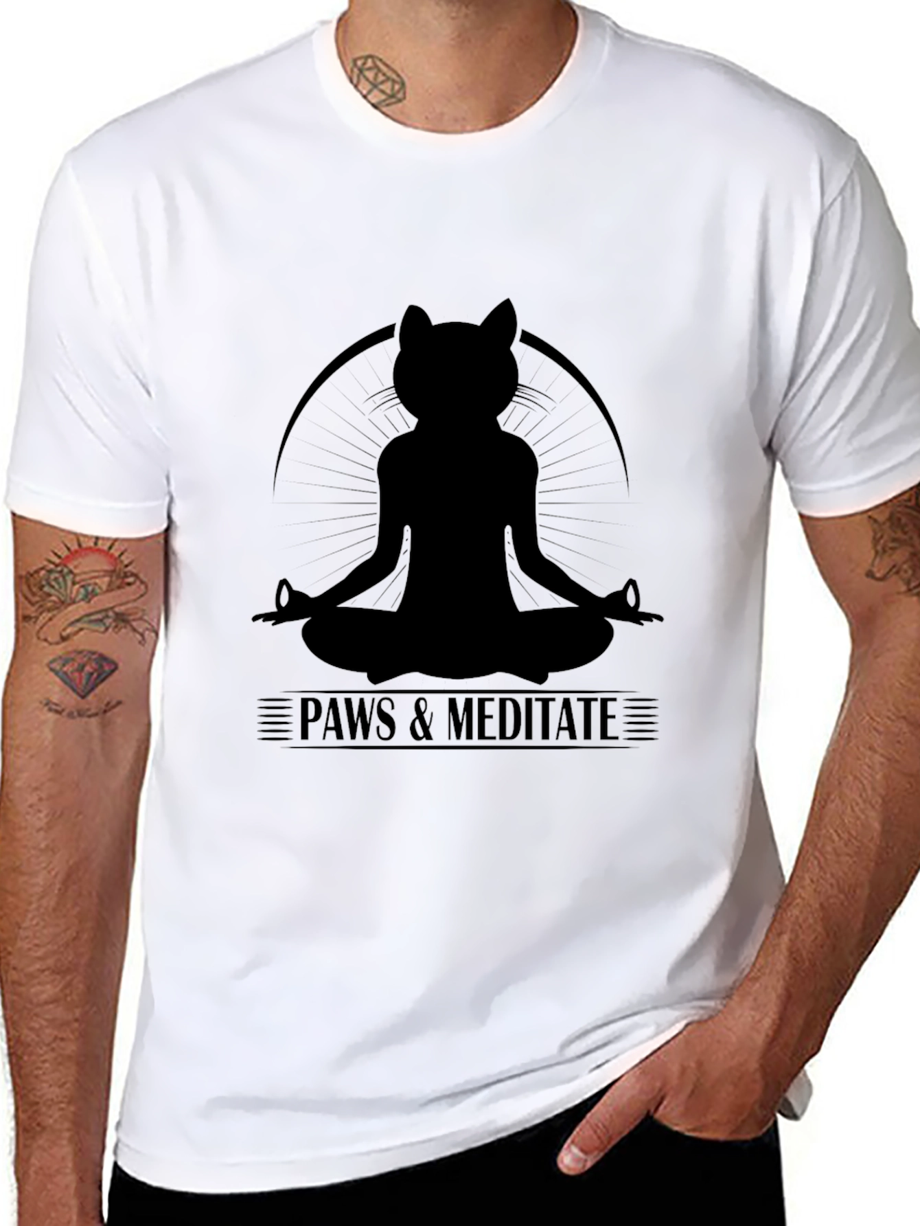 Paws & Meditate Black T-Shirt - Yoga Cat Design